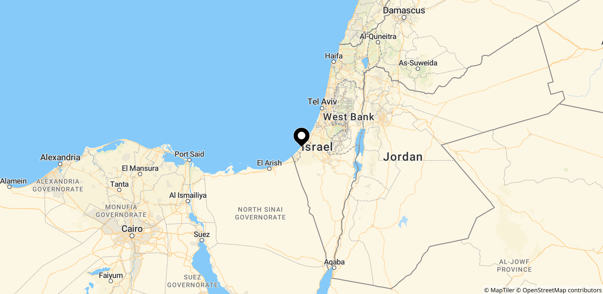 Området omkring Gaza-striben og Israel, som illustrerer den geografiske kontekst af konflikten, der påvirker Eurovision.