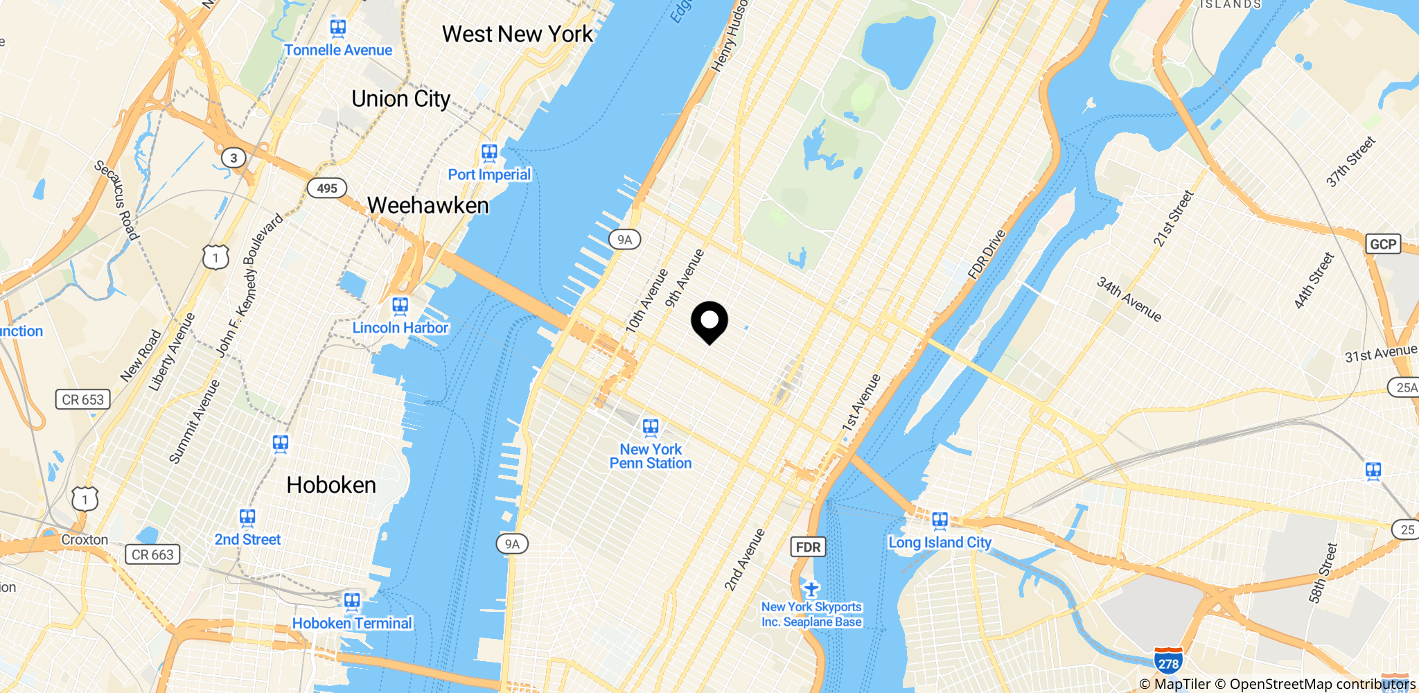 Kort over Manhattan i New York City, USA, relateret til den aktuelle retssag i Weinstein-sagen.