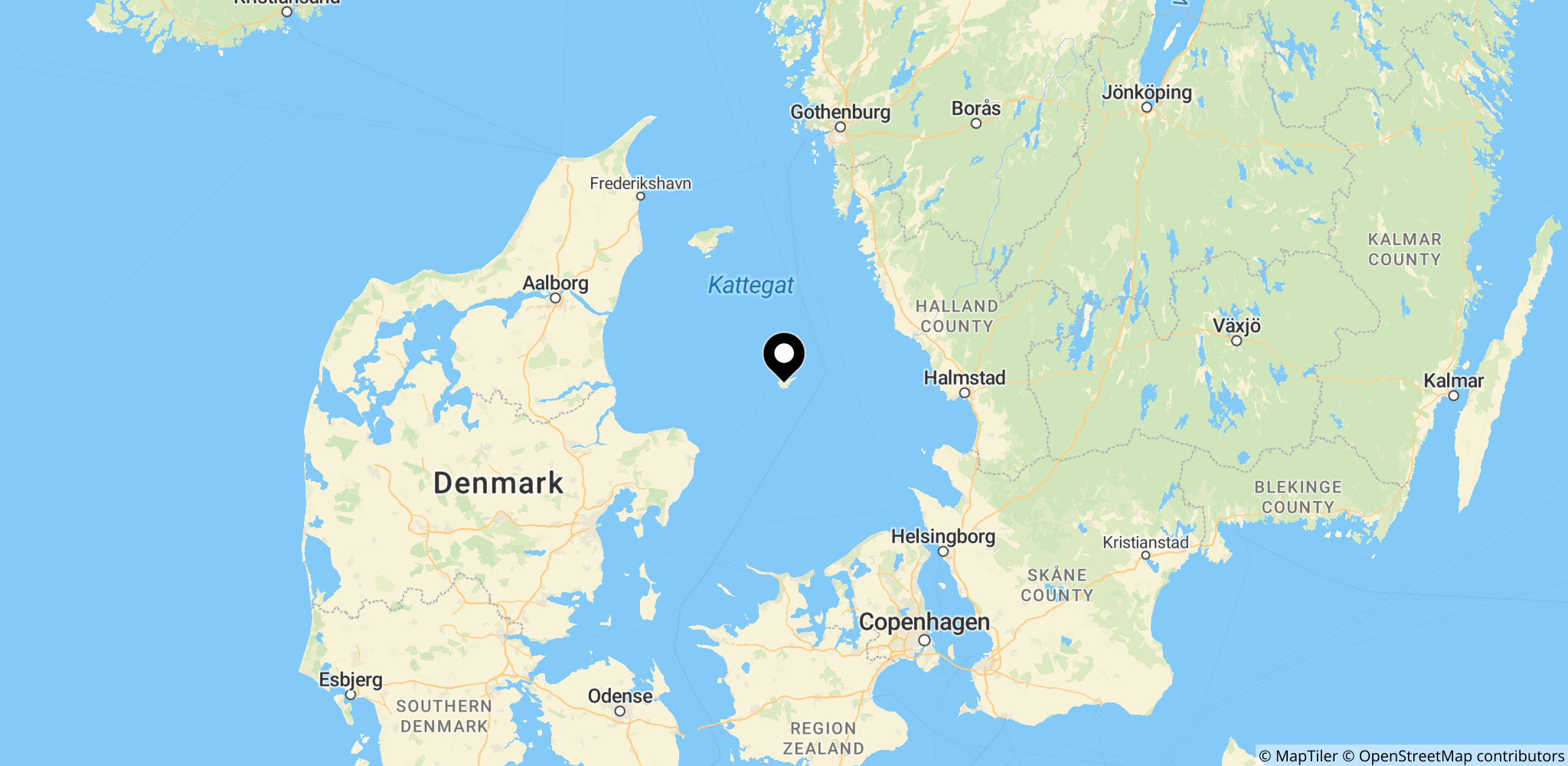 Anholt i Kattegat, Danmark – stedet ved kysten, hvor hvalen Timmy blev fundet død.