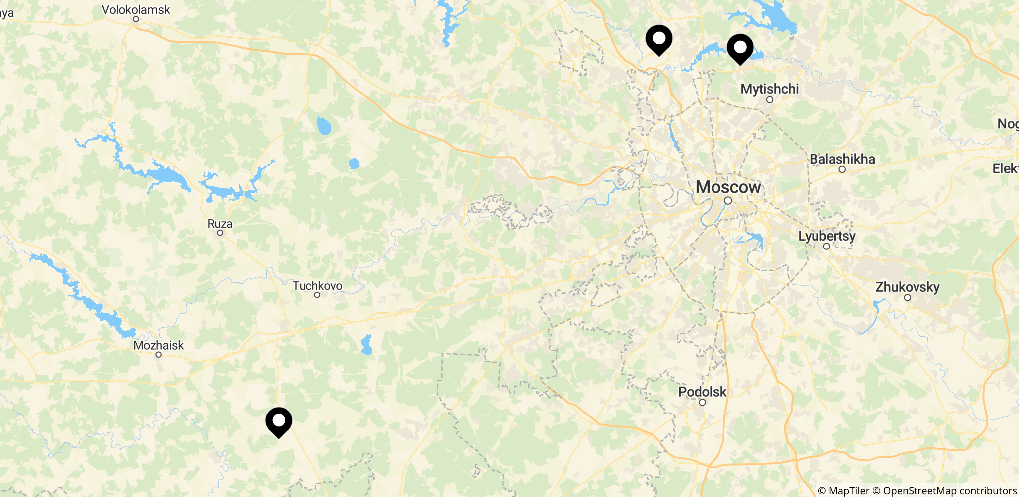 Området omkring Moskva-området hvor droner blev opdaget og skader rapporteres, med markering af Khimki, Pogorelki, Subbotino og Sheremetyevo