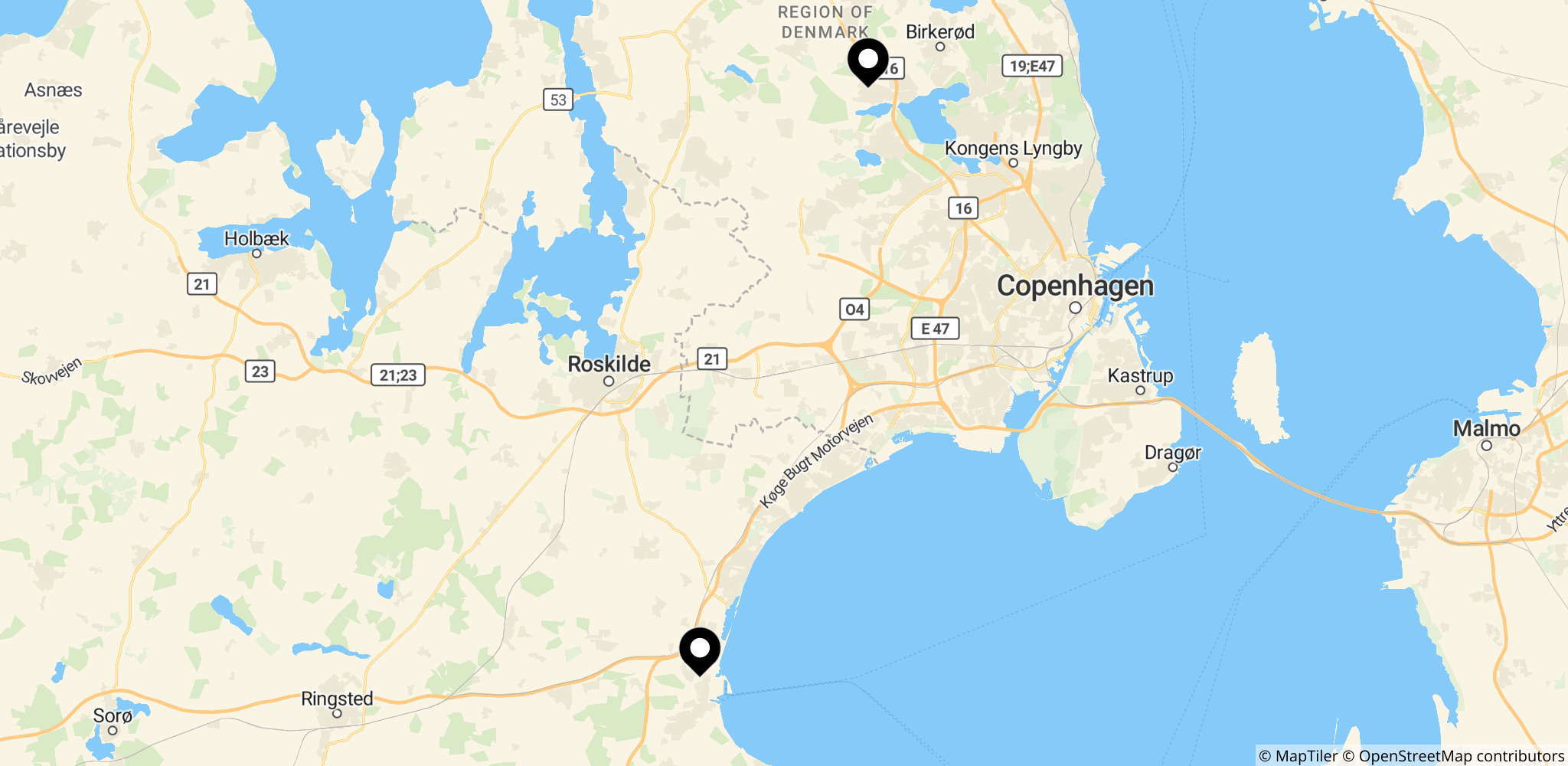 Kort over HB Køge og FC Nordsjællands placering i Danmark