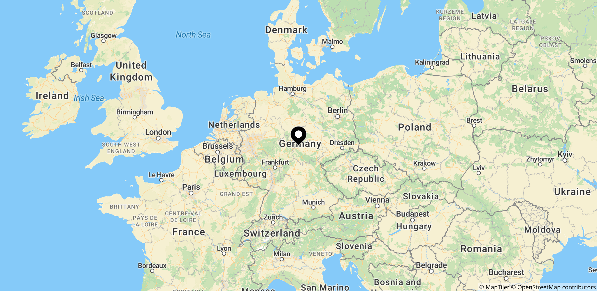 Oversigt over Tyskland, der viser den geografiske kontekst for hændelsen, hvor en tiger undslap og blev skudt.