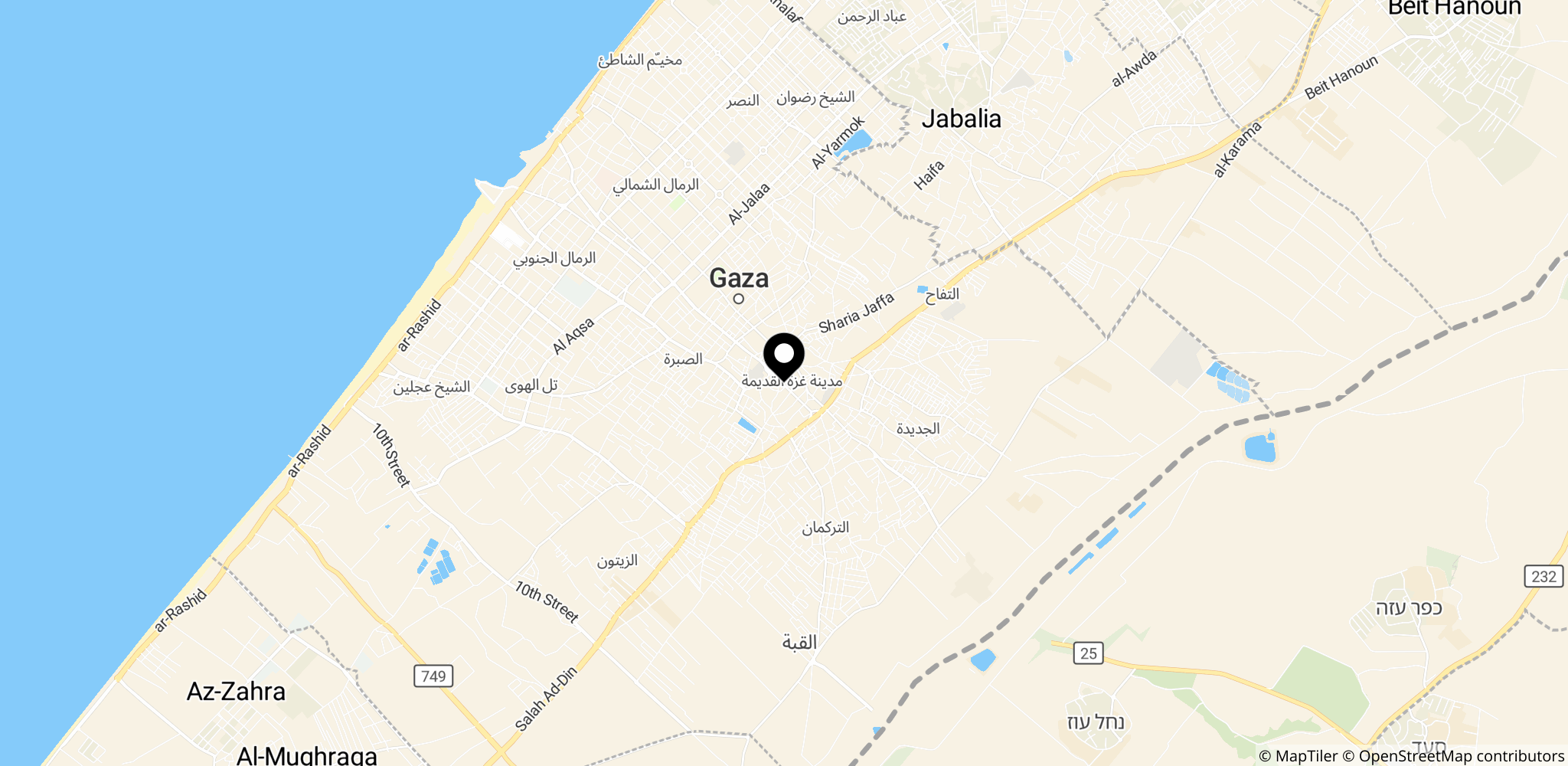 Området omkring Gaza City i Gazastriben med den tidligere 'gule' linje og den nye udvidede 'orange' zone markeret
