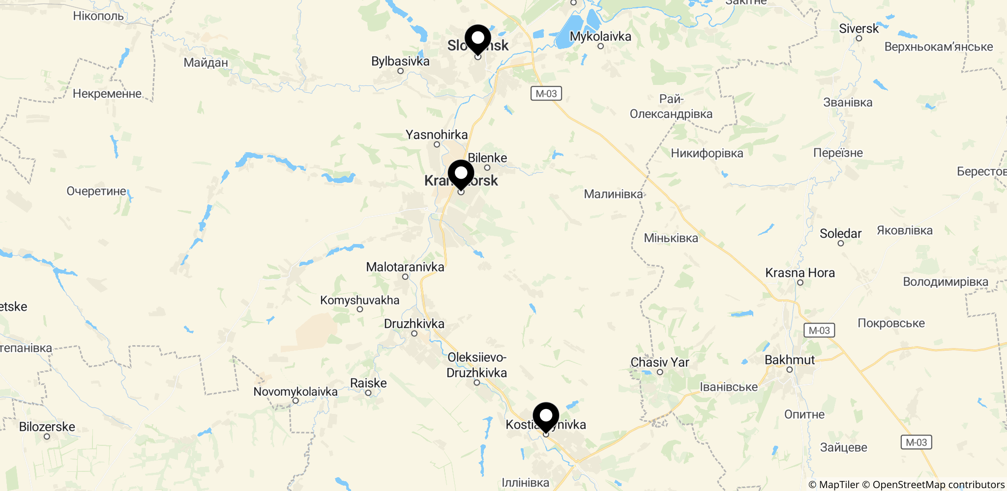 Området omkring Kostjantynivka og de nærliggende byer i Donbas (Kramatorsk og Slovjansk) markeret på et kort.