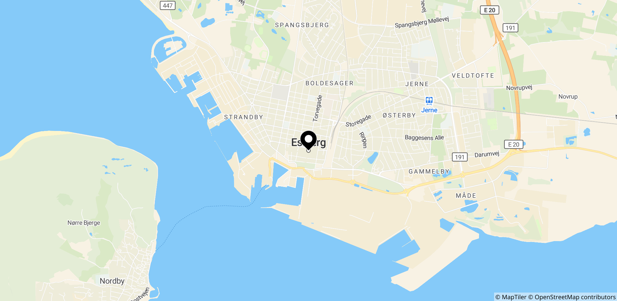 Esbjerg i Vestdanmark – en af de byer langs elektrificeringsprogrammet.