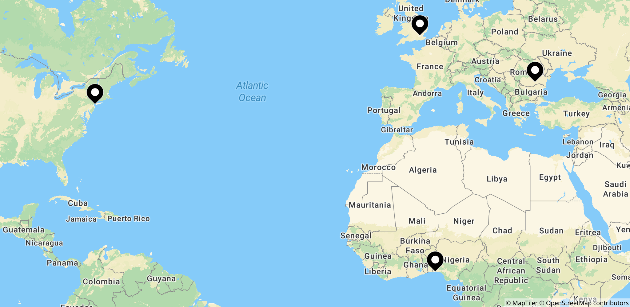 Kort der viser de geografiske forbindelser i romancesvindel-netværket (Nigeria)