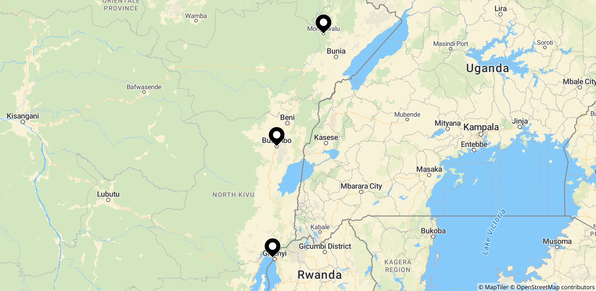 Kort over det østlige DR Congo med Mongbwalu som referencepunkt; viser de byer nævnt i artiklen.