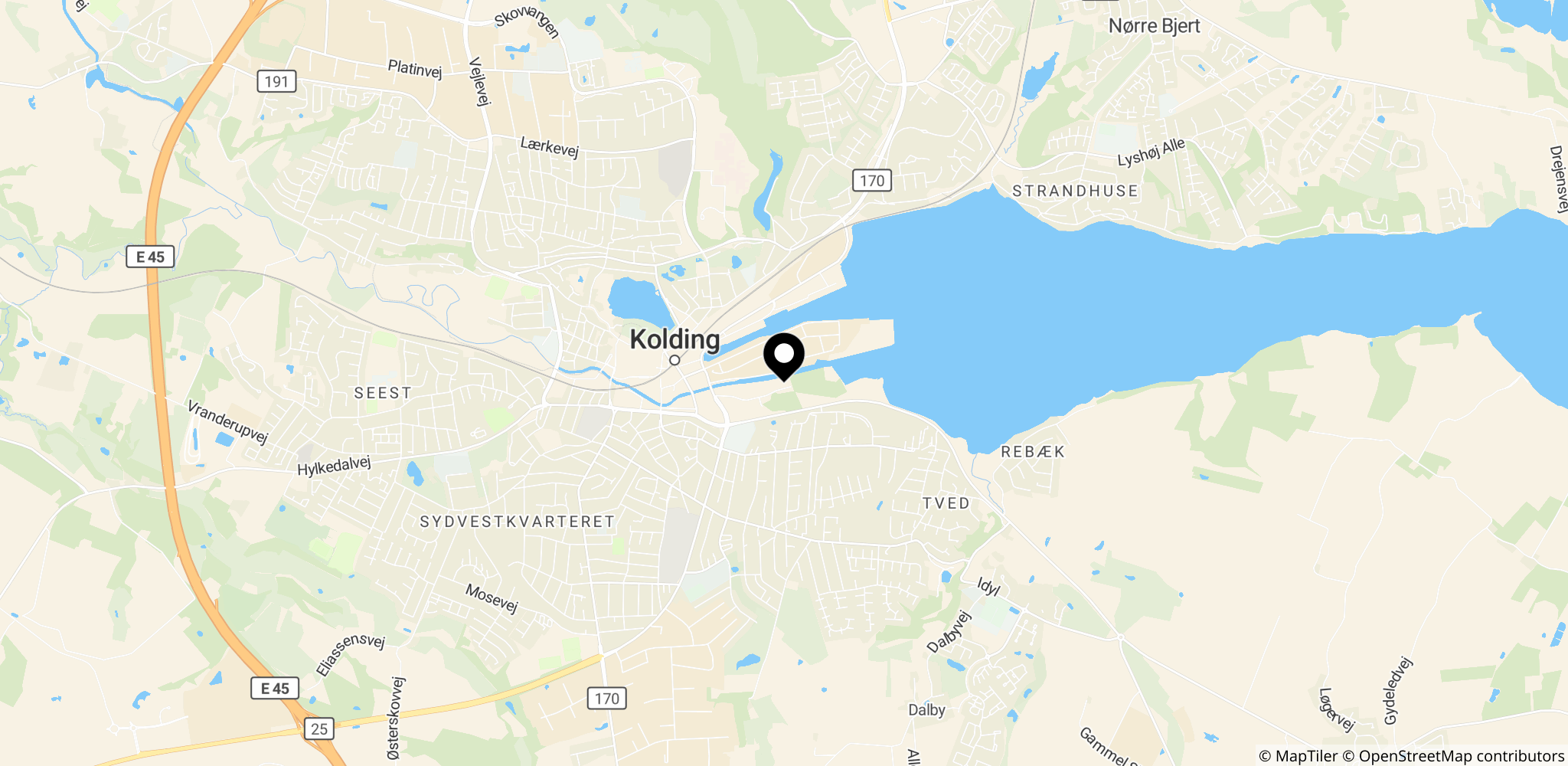 Kort over Retten i Kolding i Danmark, hvor grundlovsforhøret og varetægtsfængslingen fandt sted