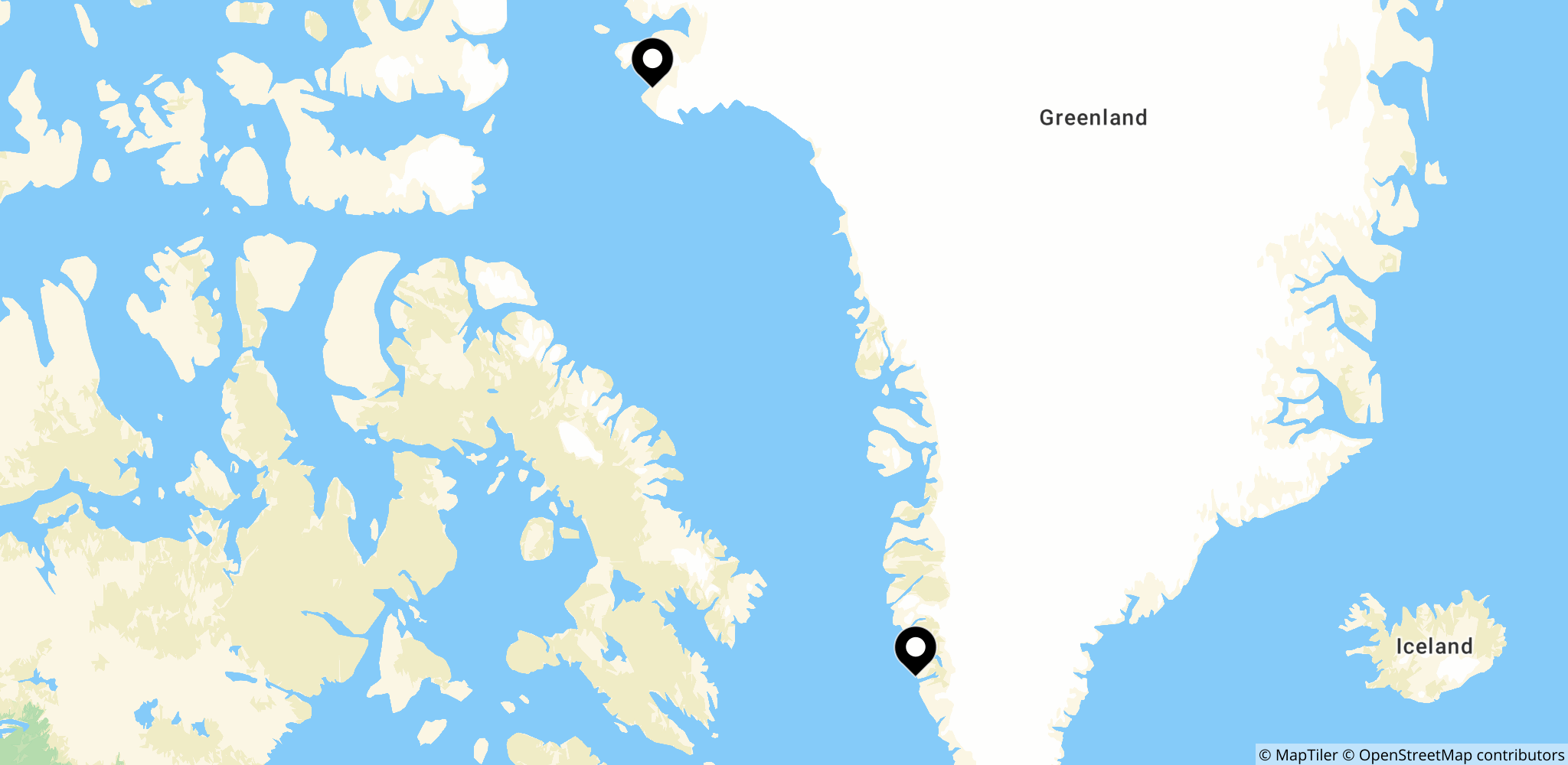 Kort over Nuuk og Thule Air Base i Grønland, der viser centrale steder i USA's tilstedeværelse i Grønland