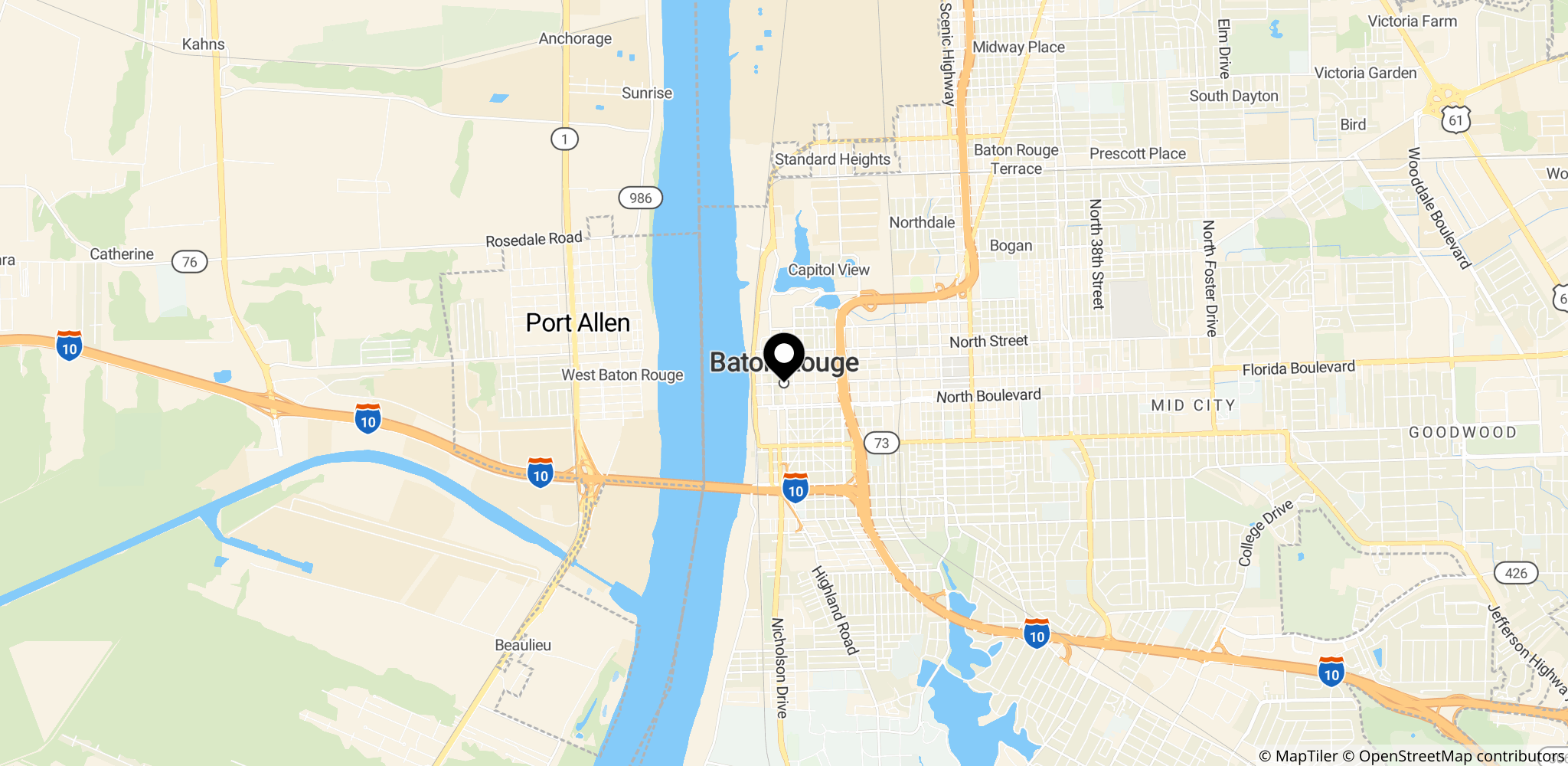 Baton Rouge i Louisiana, byens placering i staten vist på kortet