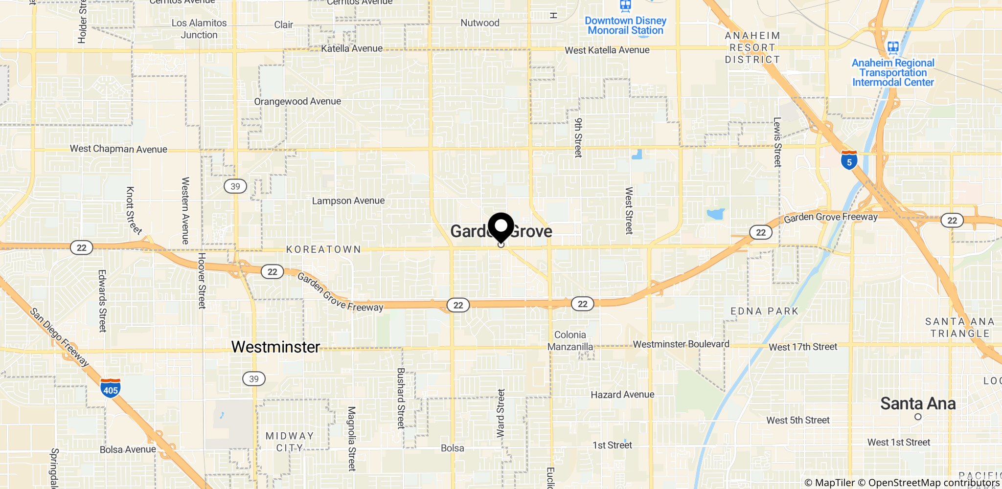 Området omkring Garden Grove, Californien, hvor kemikalielækagen fandt sted