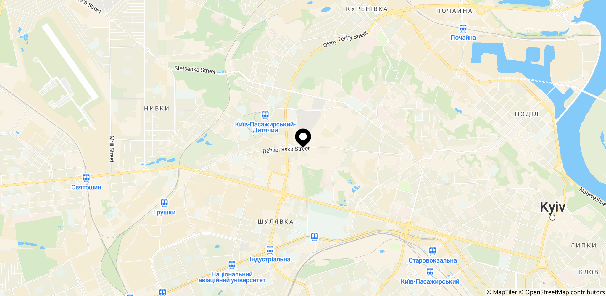 Området omkring Sjevtjenkivskyj-distriktet i Kyiv, hvor en ni-etagers beboelsesejendom blev ramt