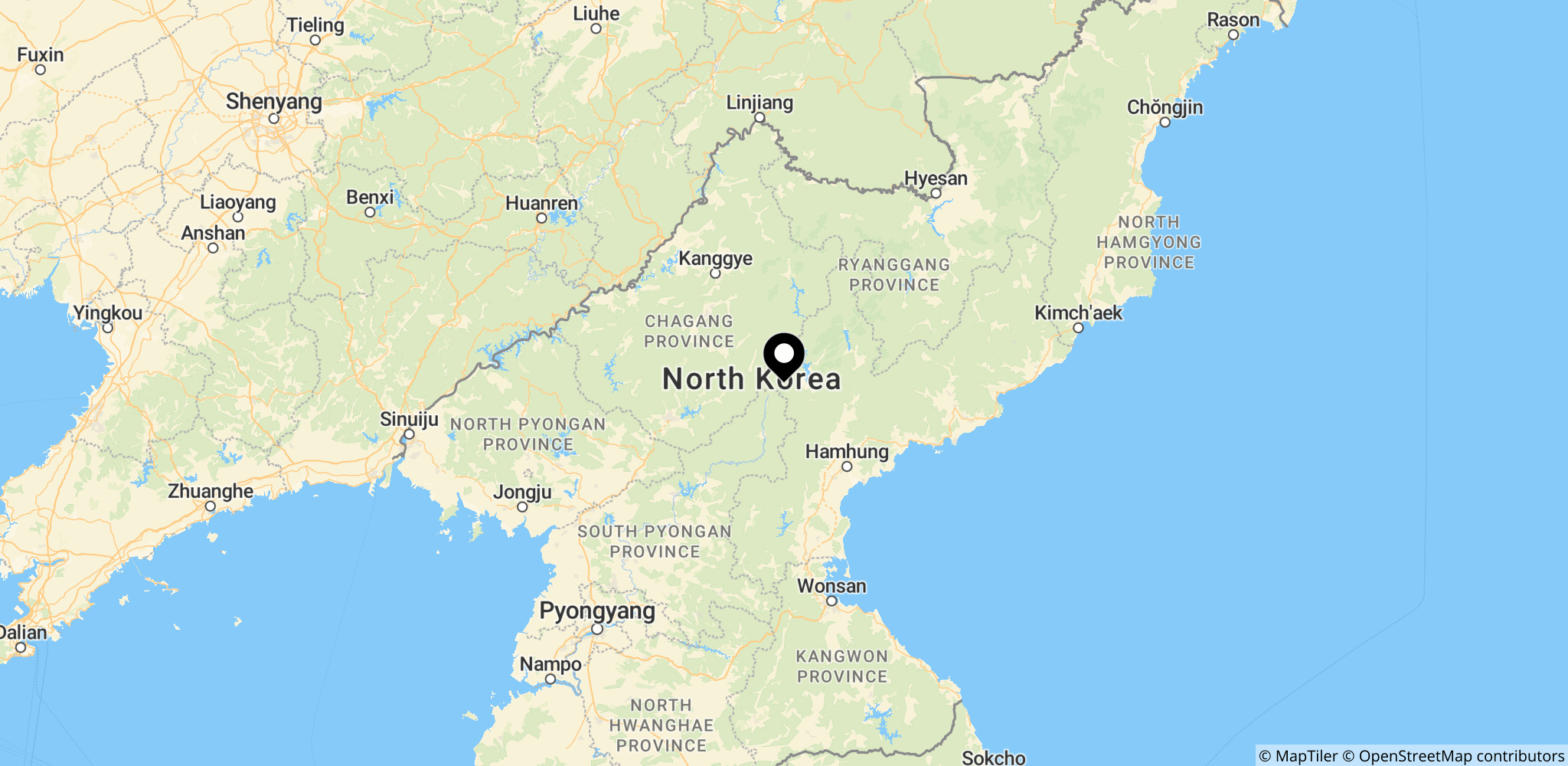 Kort over Koreahalvøen der viser Nordkoreas affyringsområde i relation til Sydkorea og regionen