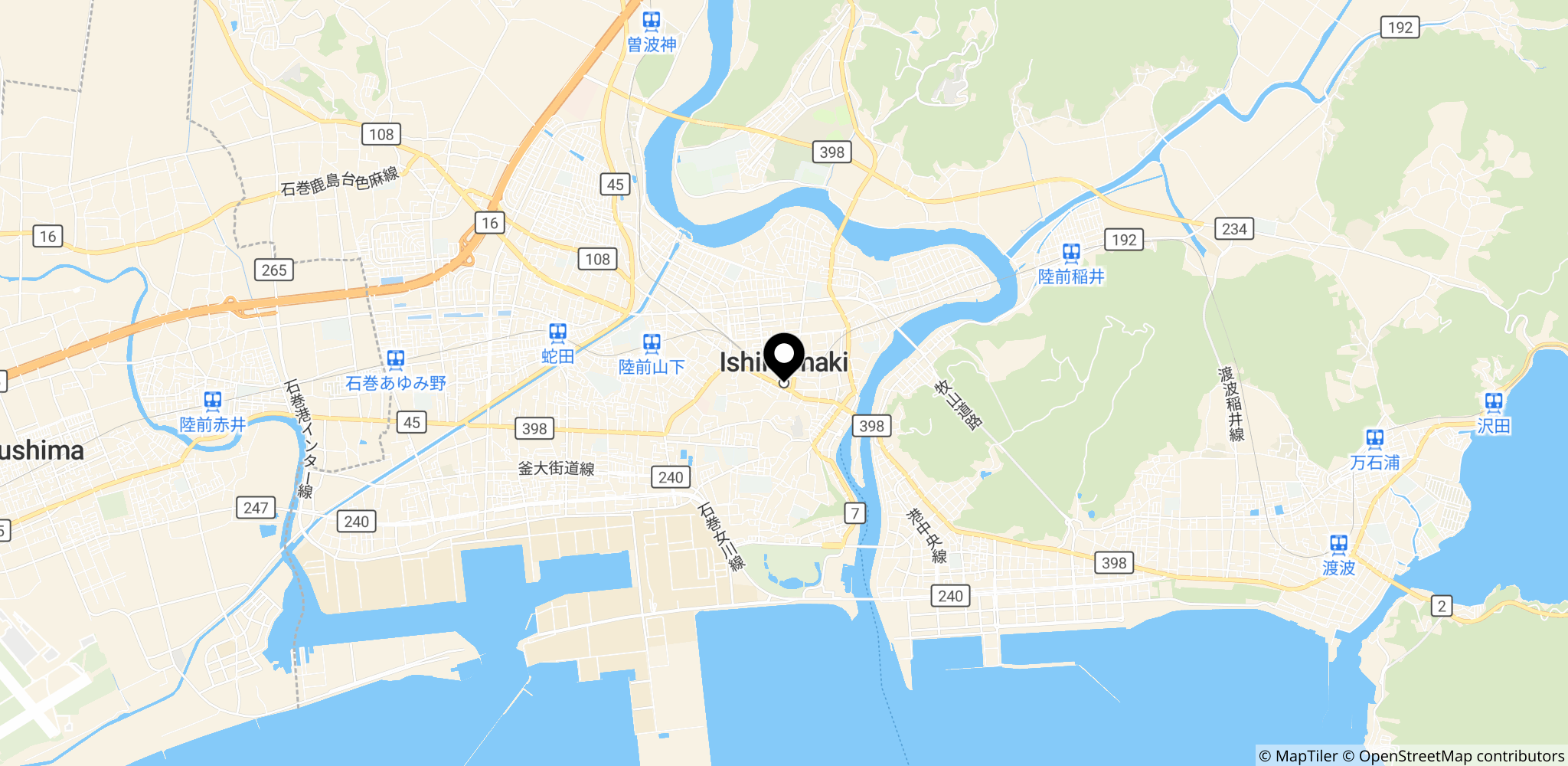 Havnebyen Ishinomaki ved Miyagi-præfekturet langs Japans Stillehavskyst.