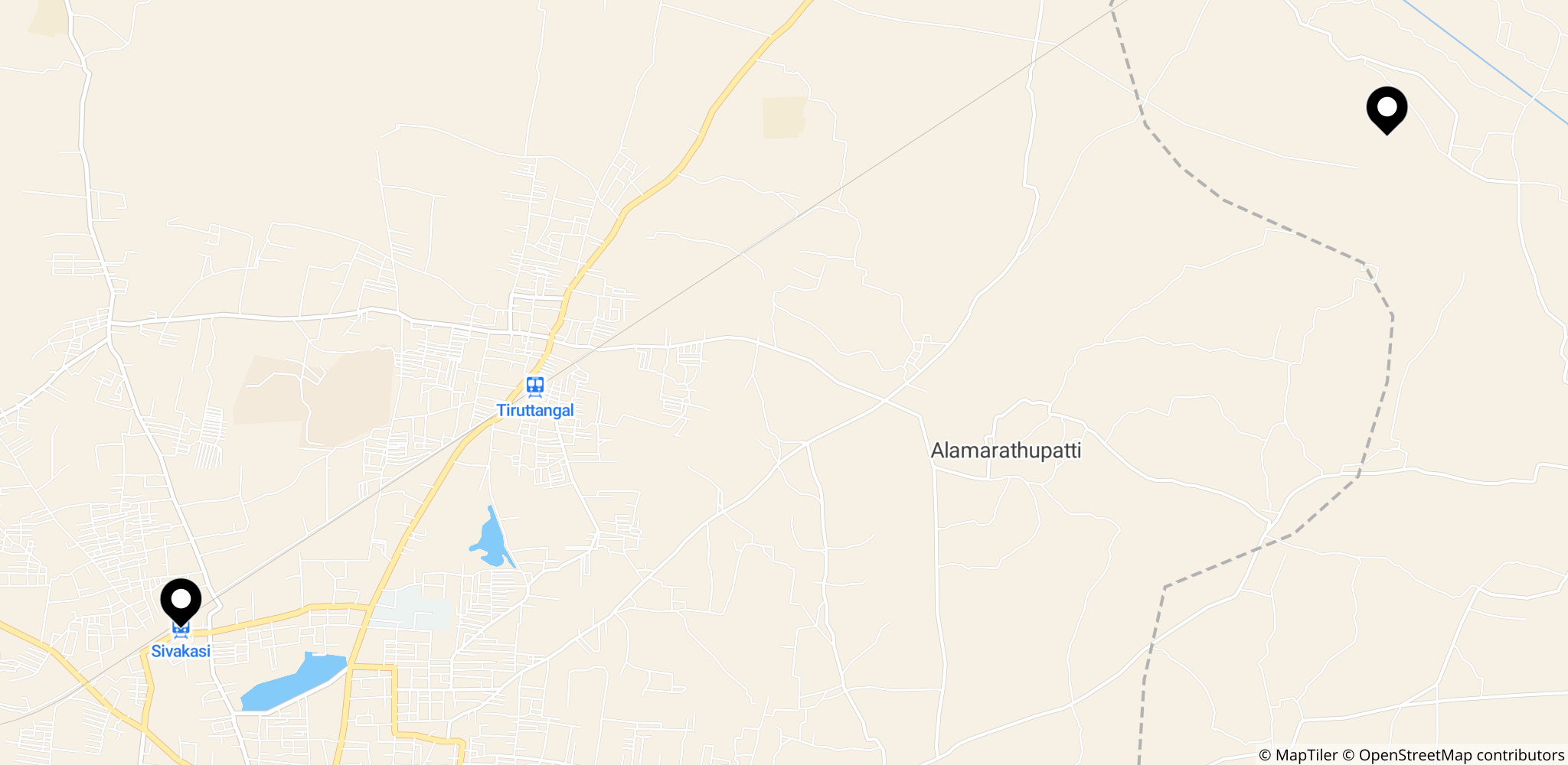 Kort over Tamil Nadu, der viser Sivakasi og Virudhunagar – to nøgleplaceringer i Indiens fyrværkeriindustri tæt på ulykken.