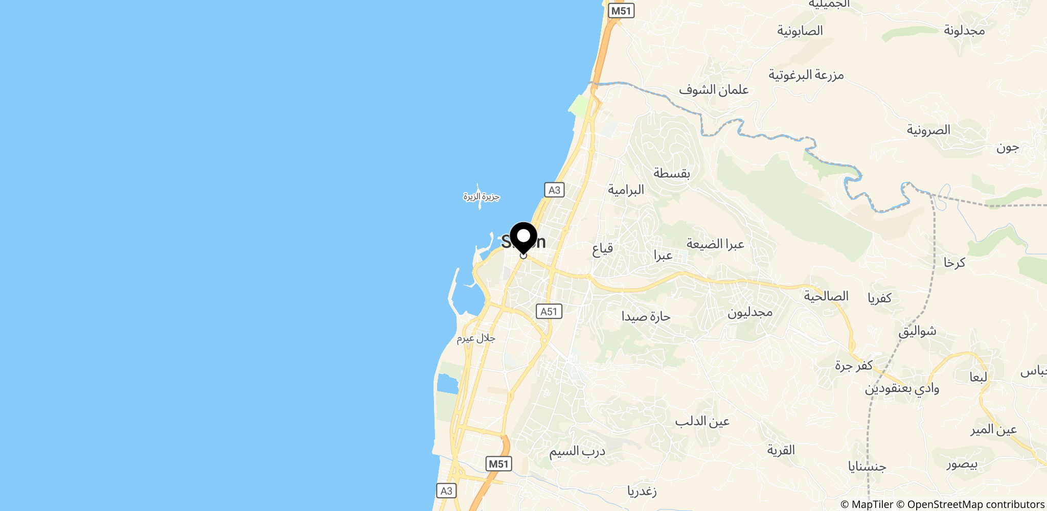 Området omkring Sidon i det sydlige Libanon, hvor to angreb ramte – et i Sidon og et i Adloun.