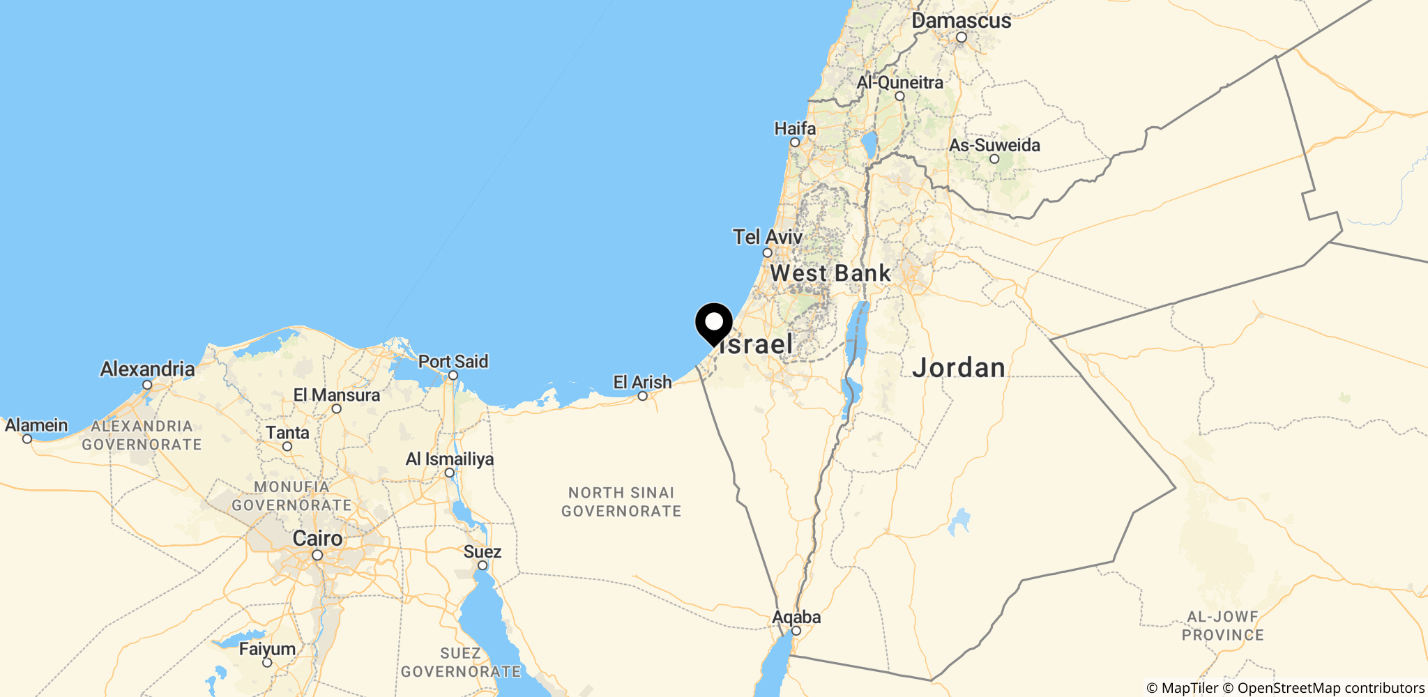 Kort over Gazastripen, der viser den gule linje og områder under israelsk overvågning