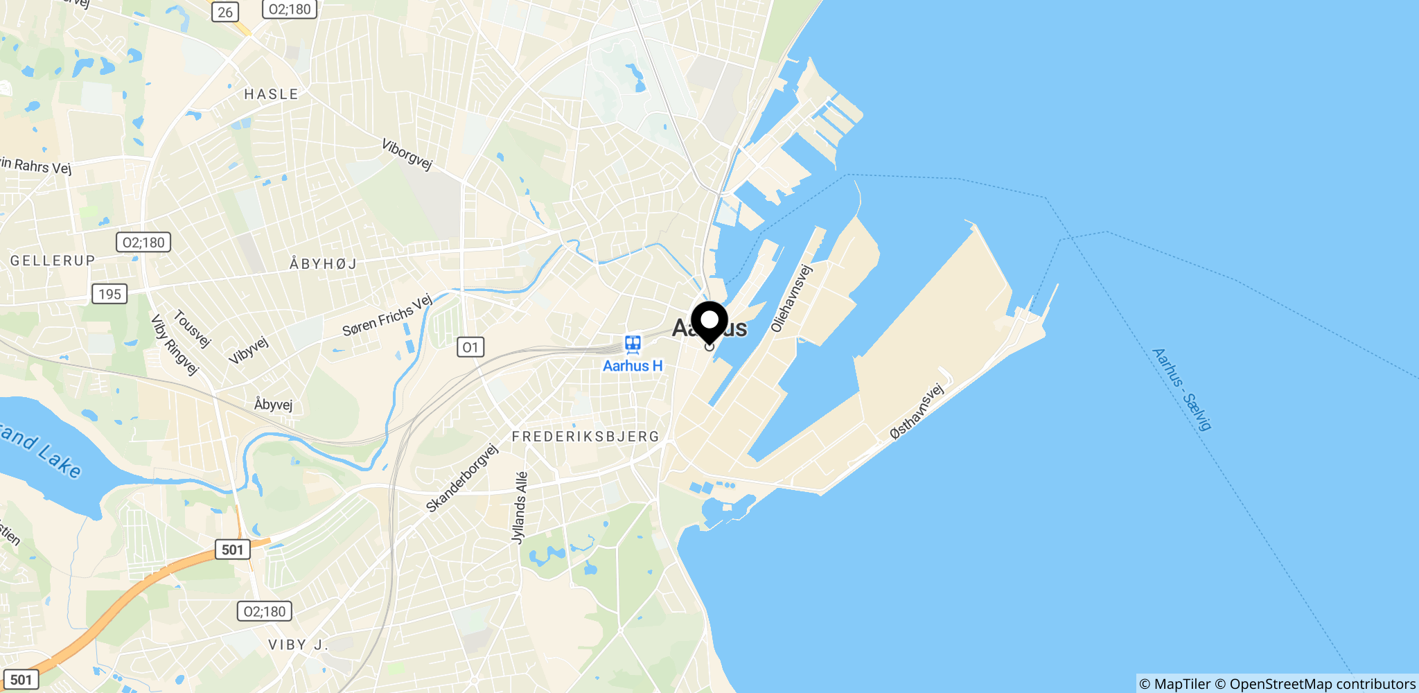 Kort over Aarhus i Jylland, som repræsentant for planlagte opførelser af omkring 50 nye 150 kV-stationer i Jylland