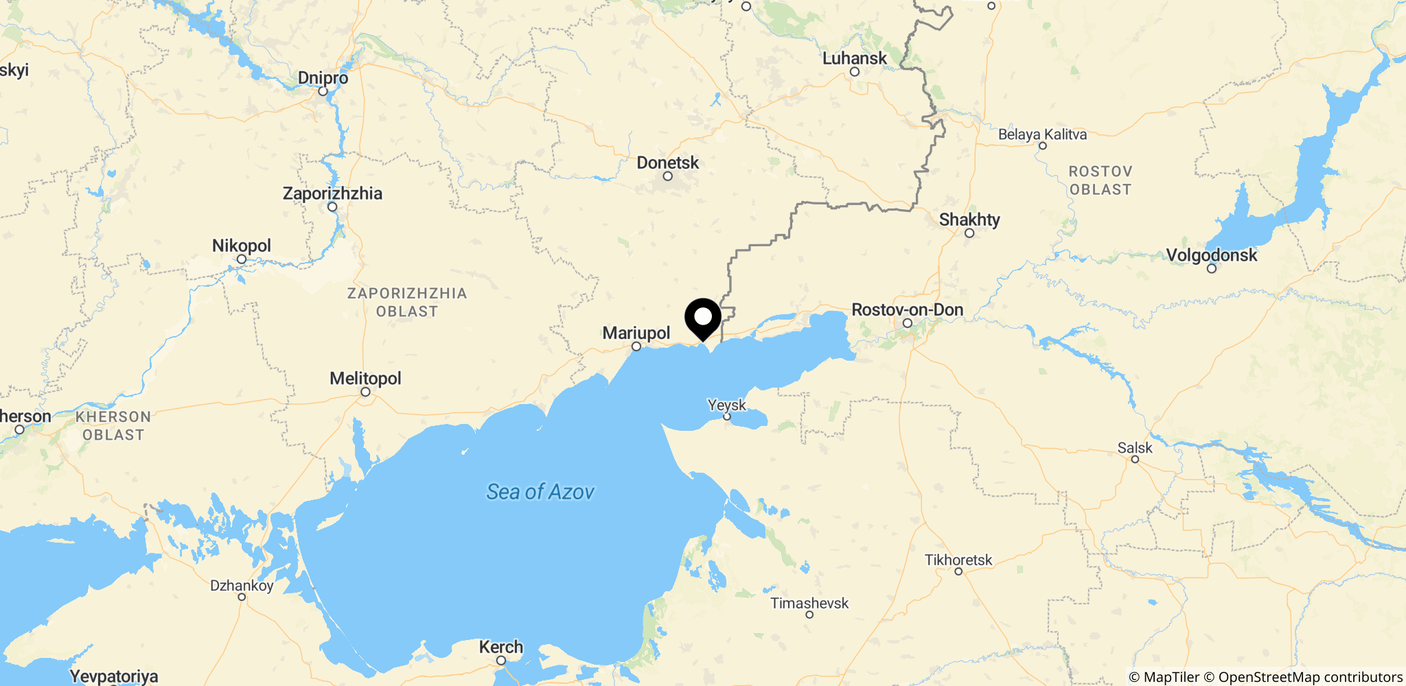 Området ved grænsen omkring Novoazovsk i det sydlige Ukraine, hvor forsyningskøretøjer er blevet ramt langs korridoren mellem Rusland og det besatte område.