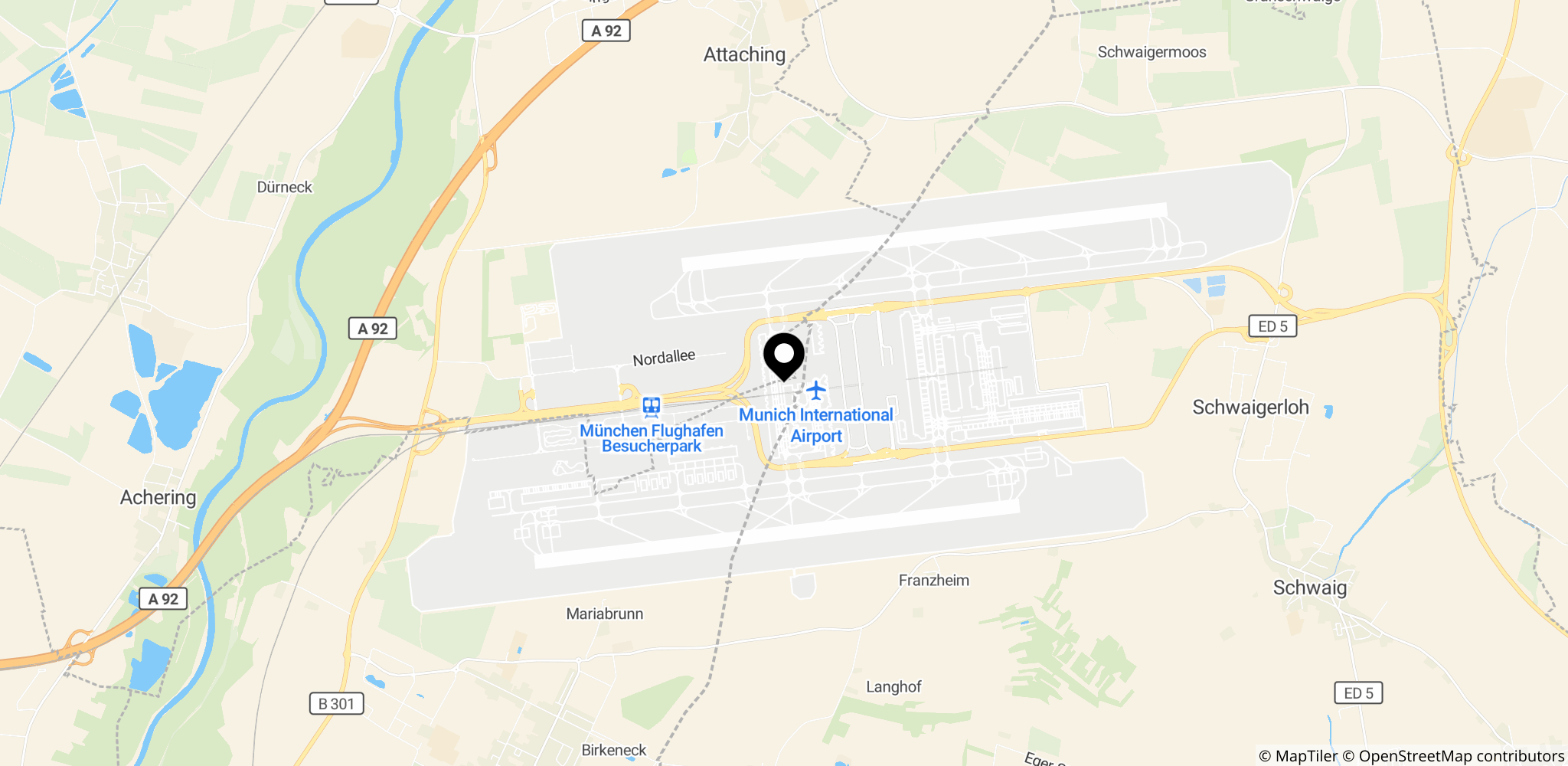 Området omkring München Lufthavn, hvor flytrafikken midlertidigt blev lukket på grund af mistanke om et uautoriseret flyvende objekt