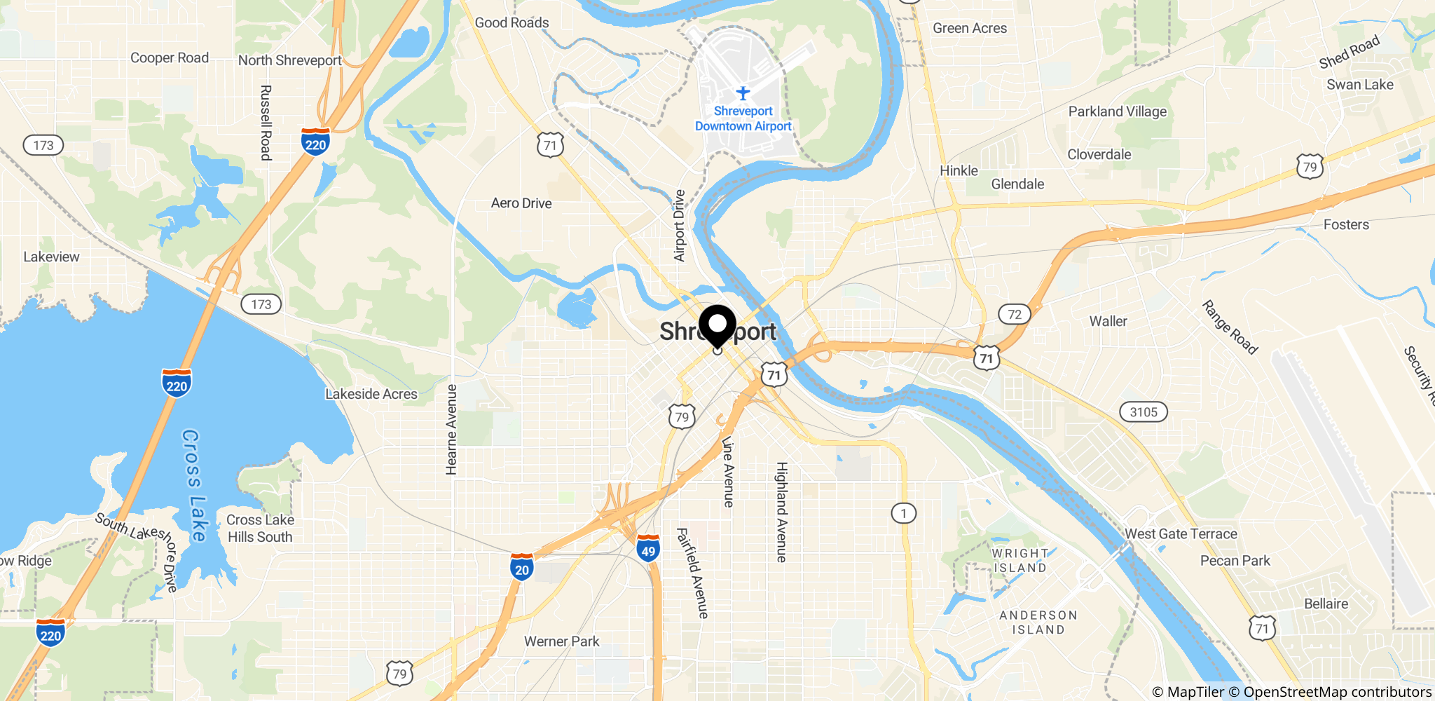 Kort over Shreveport, Louisiana, USA, hvor skyderiet fandt sted.