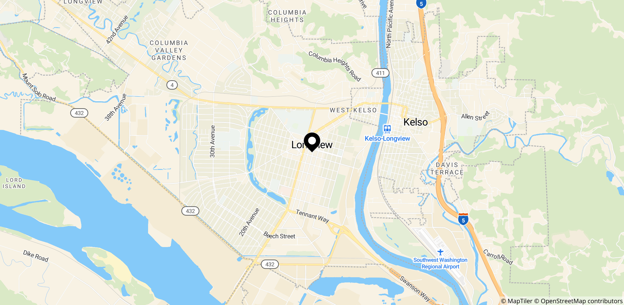 Placering af papir- og papirmassefabrikken i Longview, Washington (USA) — stedet for ulykken