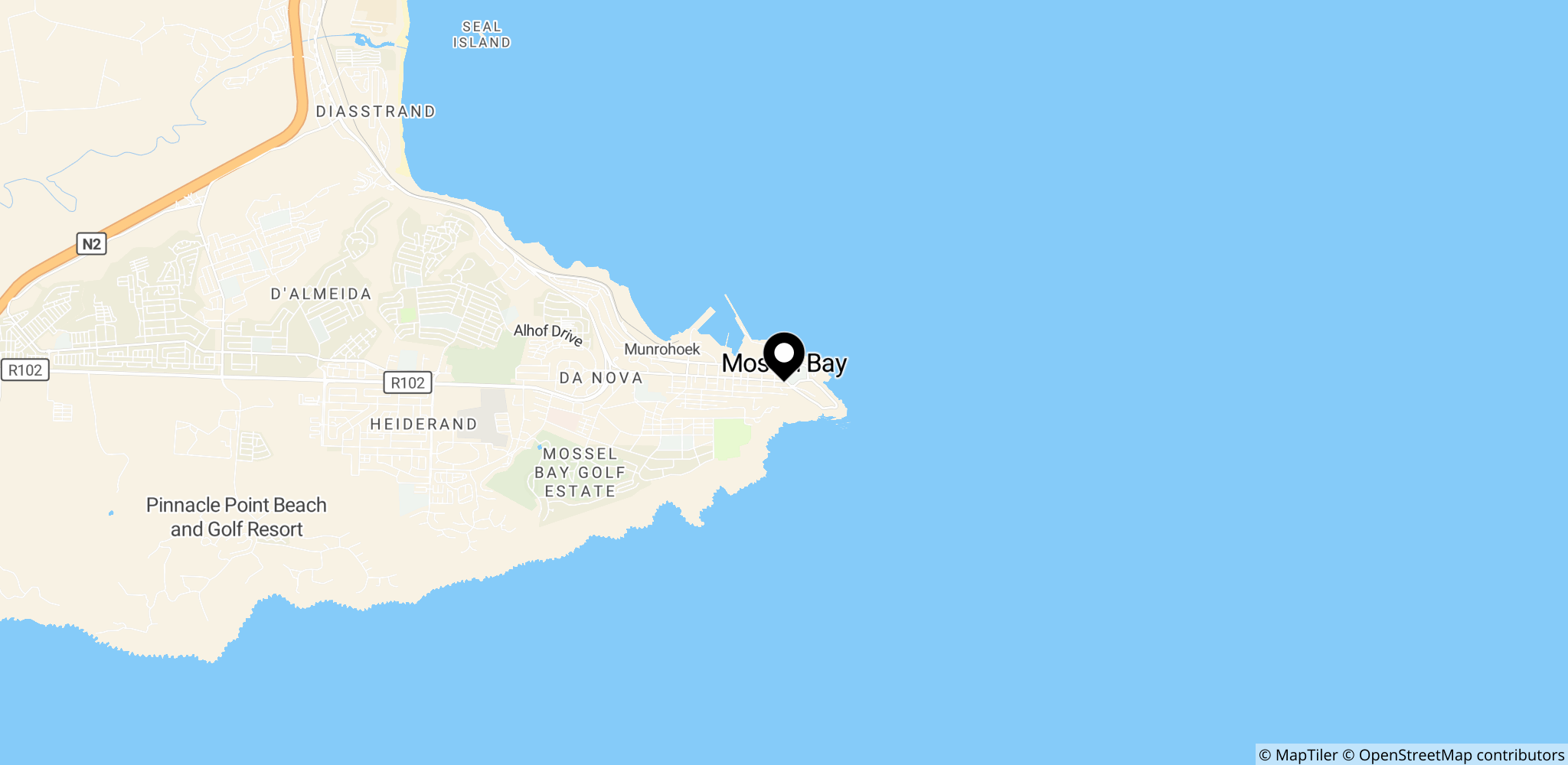 Mossel Bay i Western Cape, Sydafrika — stedet hvor de to mozambiquiske mænd blev fundet døde