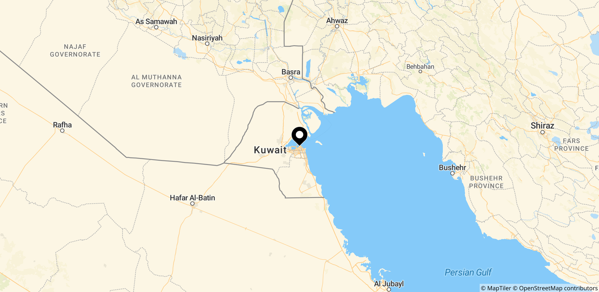 Kuwait og det omkringliggende Gulfområde, herunder Hormuz-strædet, i kontekst til Irans angreb