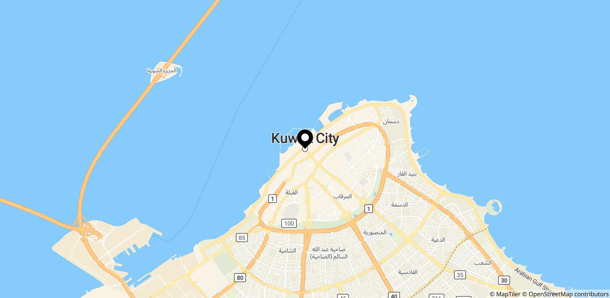 Området omkring Kuwait City i Kuwait, hvor angrebet med droner og missiler blev afværget af luftforsvaret.