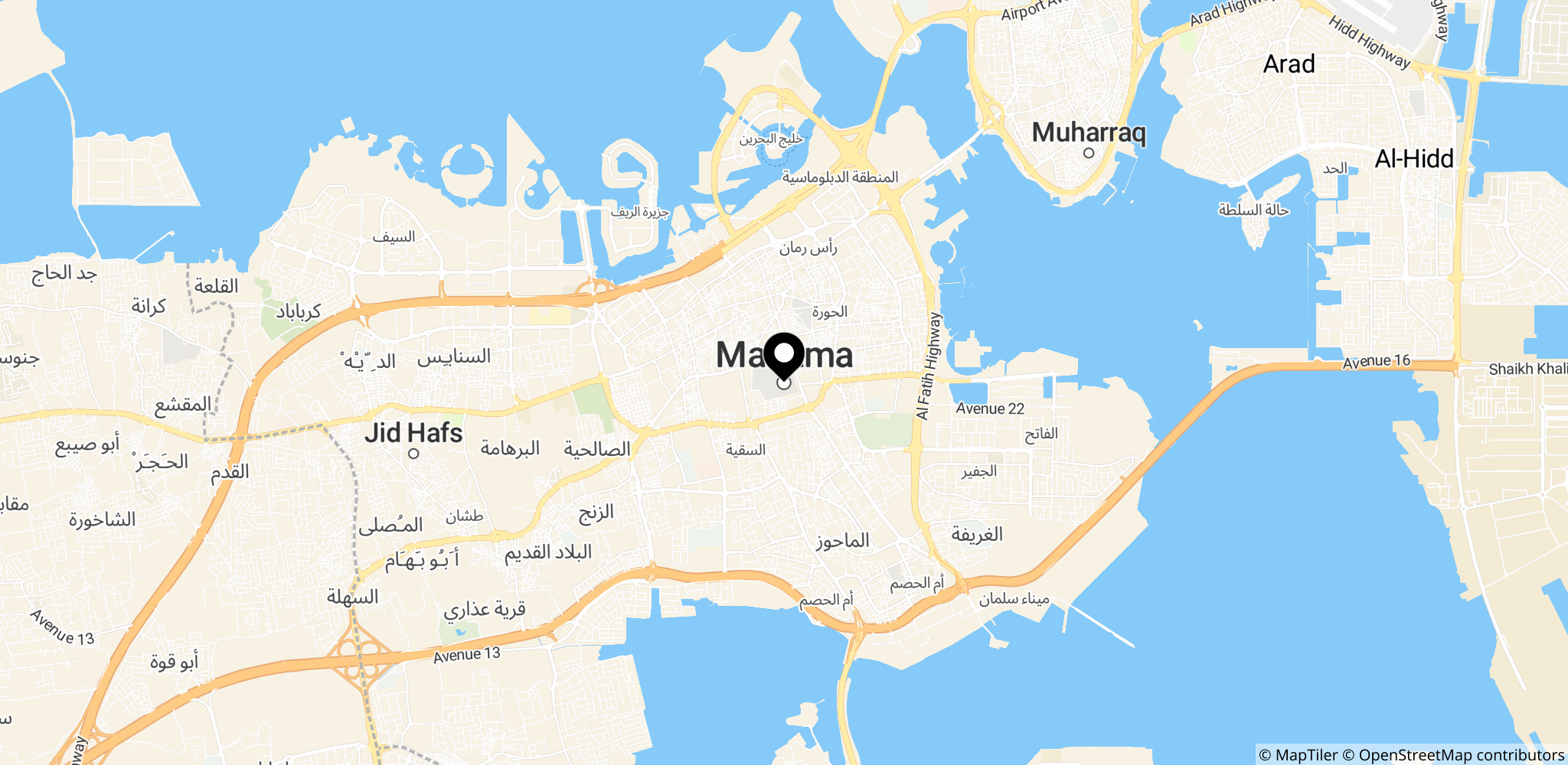 Området omkring Manama i Bahrain, hvor luftalarmer blev aktiveret i forbindelse med angrebet.