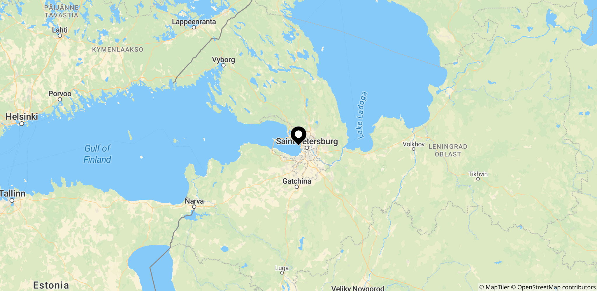 Området omkring Sankt Petersborg (Saint Petersburg) i Rusland, hvor droneangrebene fandt sted under Putins forum