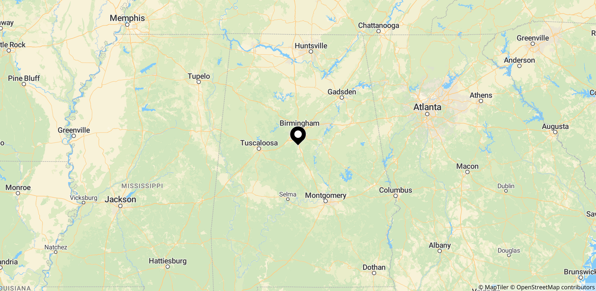 Kort over Alabama, USA, hvor Argentinas træningskamp mod Island finder sted før VM