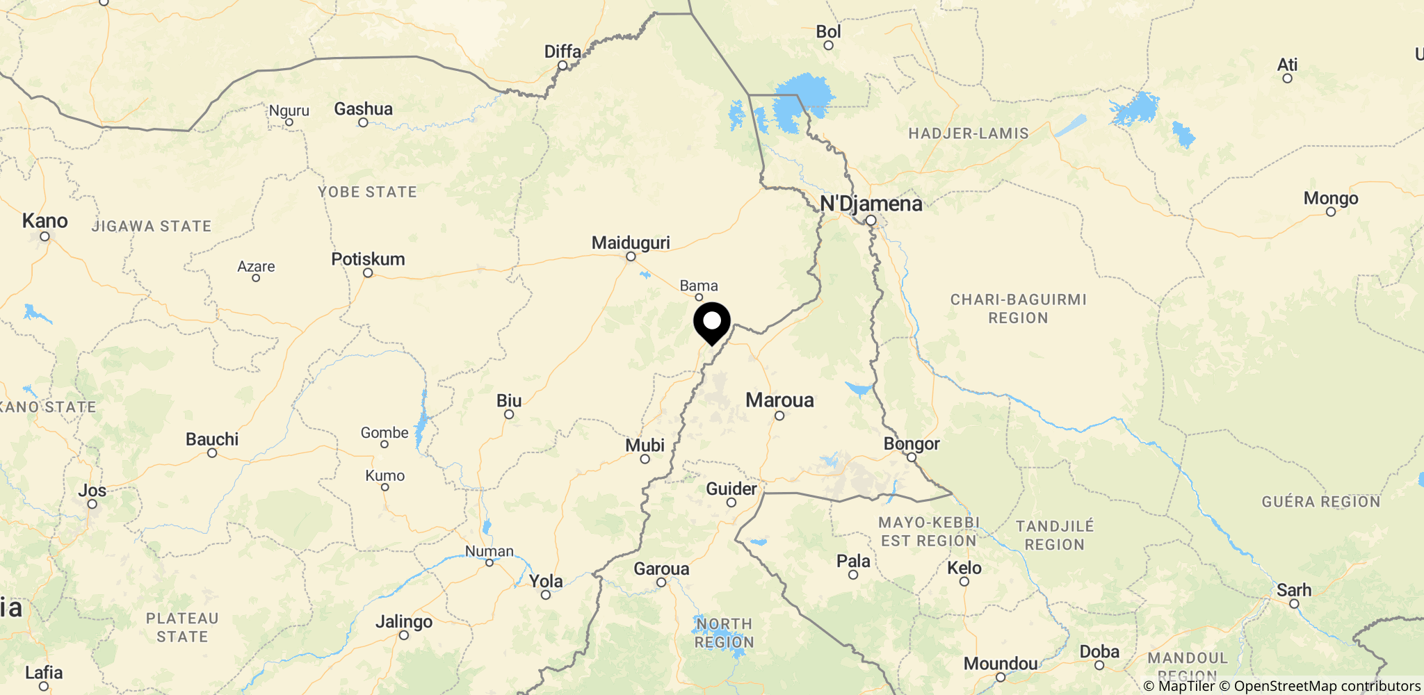 Området omkring Ngoshe i Borno State, Nigeria, hvor gidsler blev holdt og senere frigivet