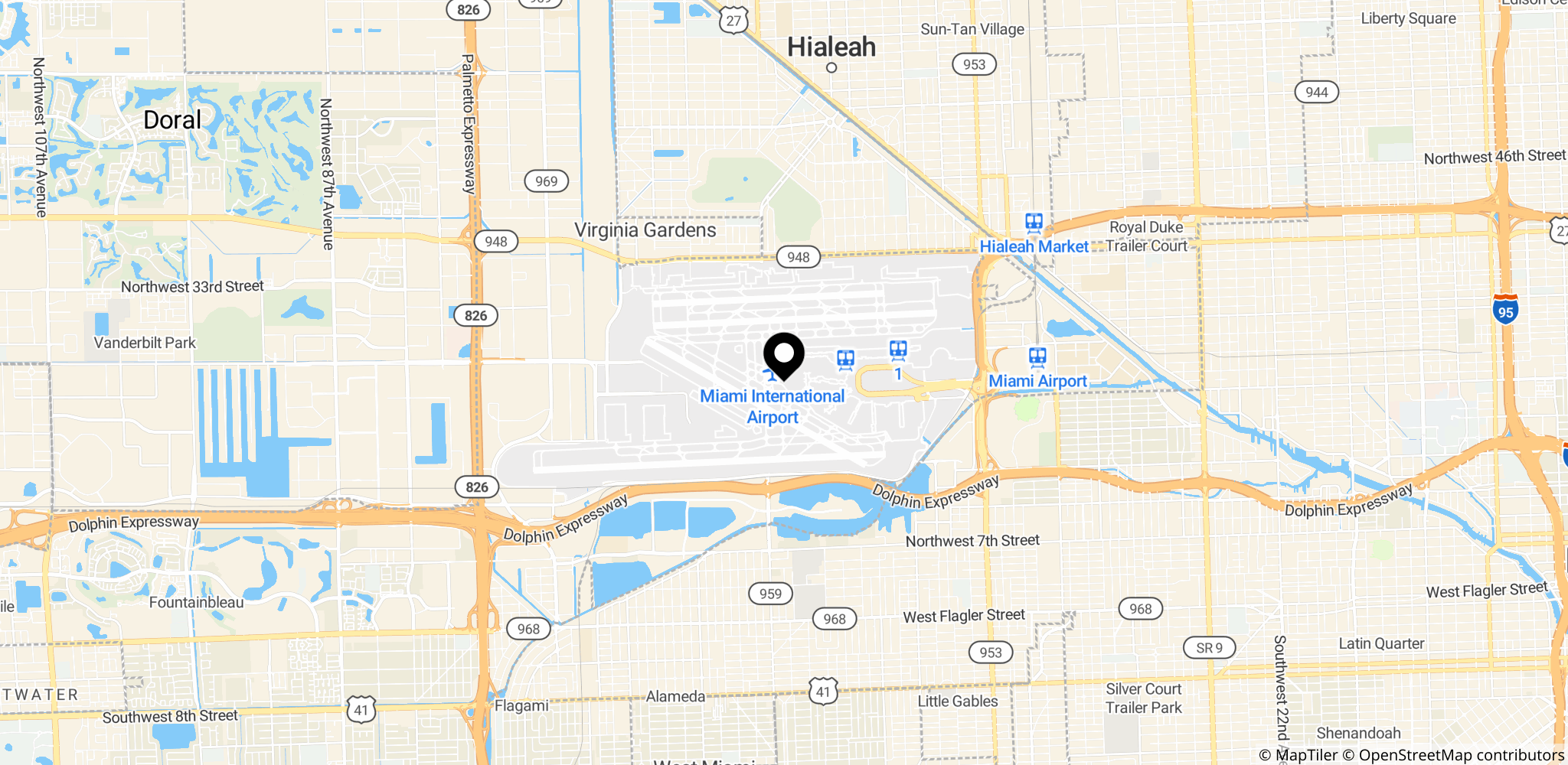Området omkring Miami International Airport i Florida, hvor dommeren Omar Abdulkadir Artan blev nægtet indrejse til USA