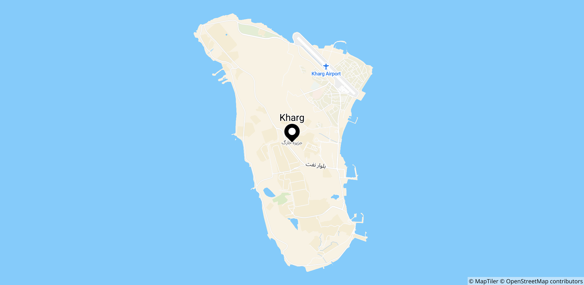 Kharg Island og den centrale olieeksportterminal, der nævnes som omdrejningspunktet for Irans olieudskibning