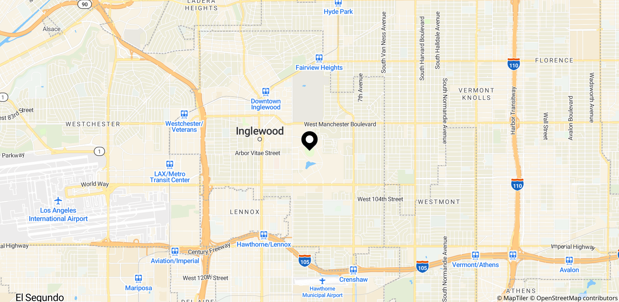Kort over placeringen af SoFi Stadium i Inglewood, Californien, USA — et af VM 2026-kampstederne, som kan blive påvirket af røg fra skovbrande.