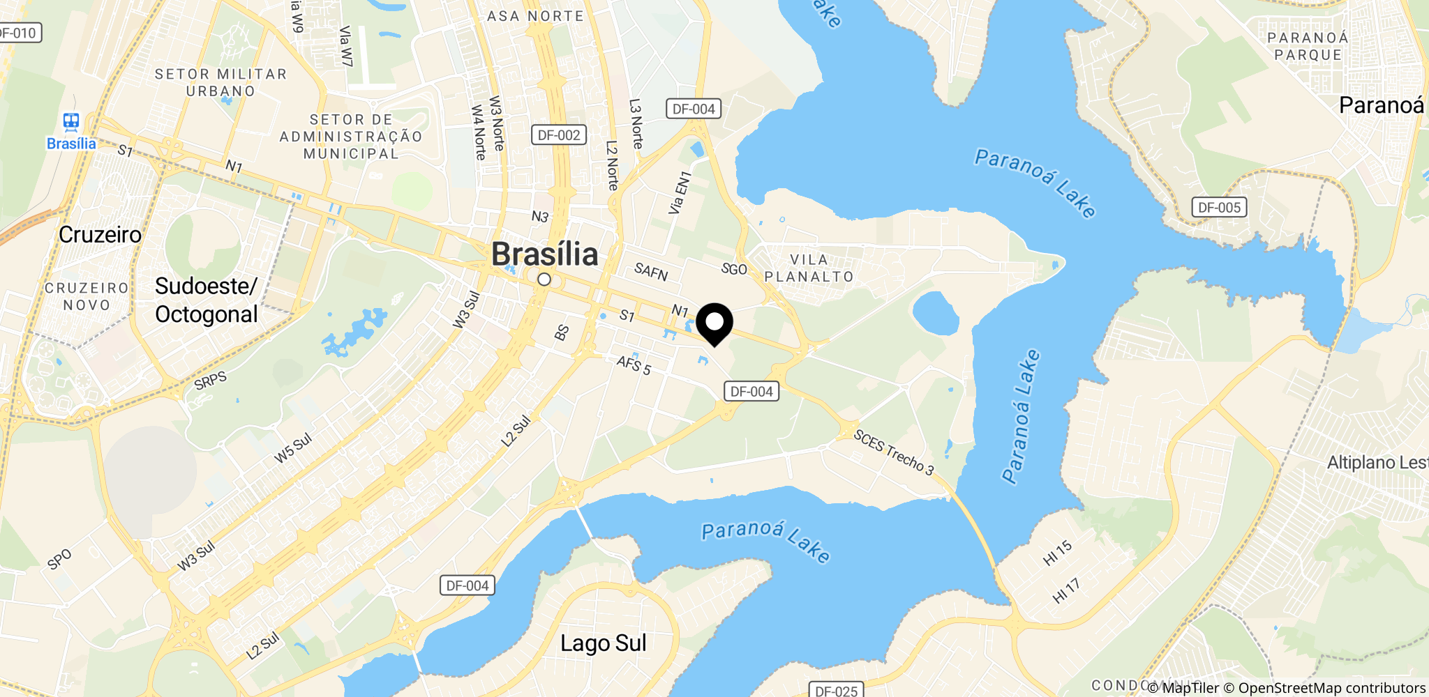 Kort over Brasília, Brasilien, hvor Supremo Tribunal Federal (STF) ligger og hvor dommen blev afsagt