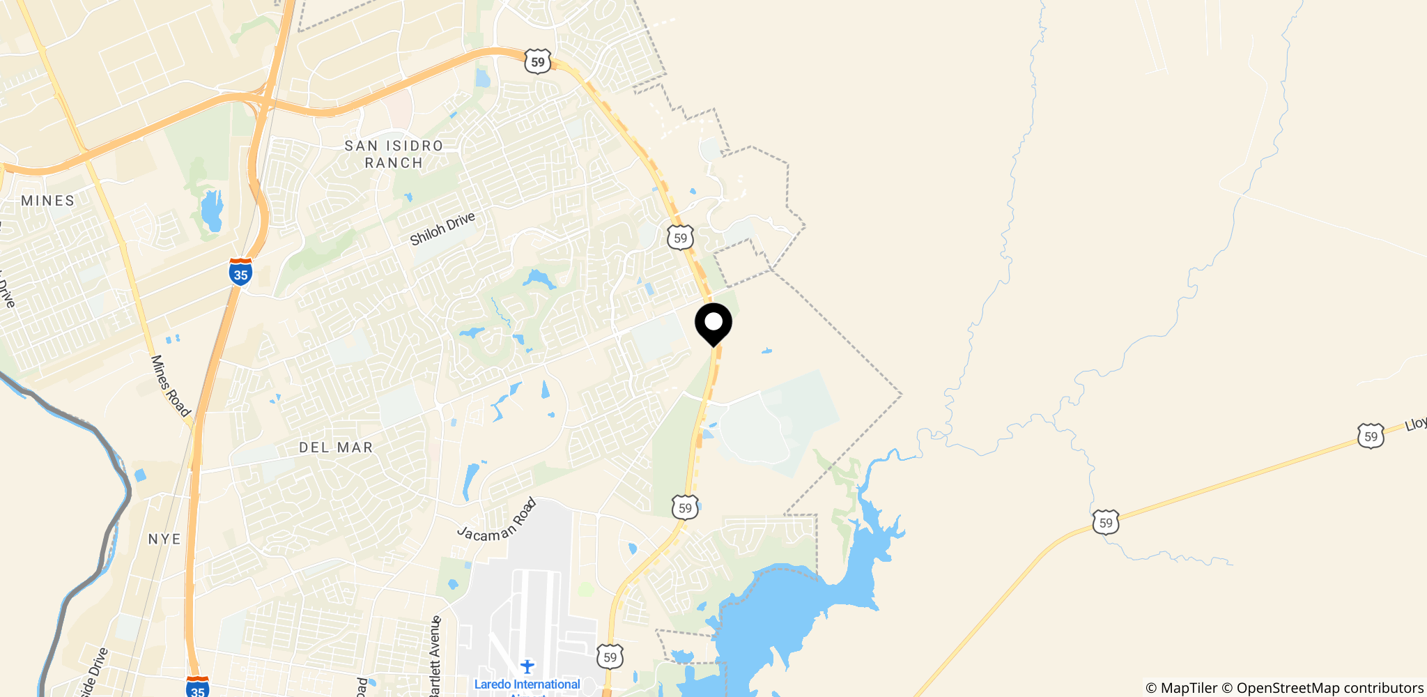 Området omkring Loop 20 i Laredo, Texas, hvor privatflyet styrtede tæt ved lufthavnen.