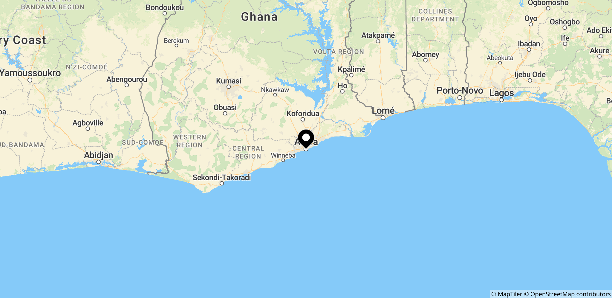 Kort over Accra-området i Ghana, der viser stedet for konferencen om undskyldning og reparationer
