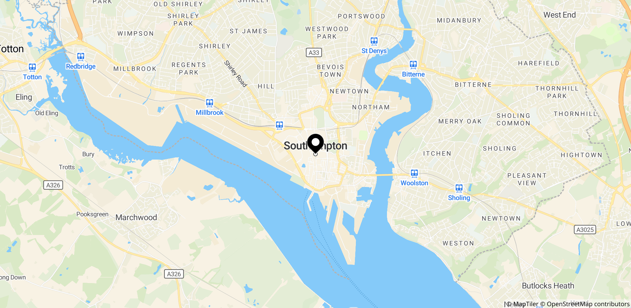 Kort over Southampton i Storbritannien – centret for Leo Scienza-historien og Spygate-udviklingen omkring Southampton FC.