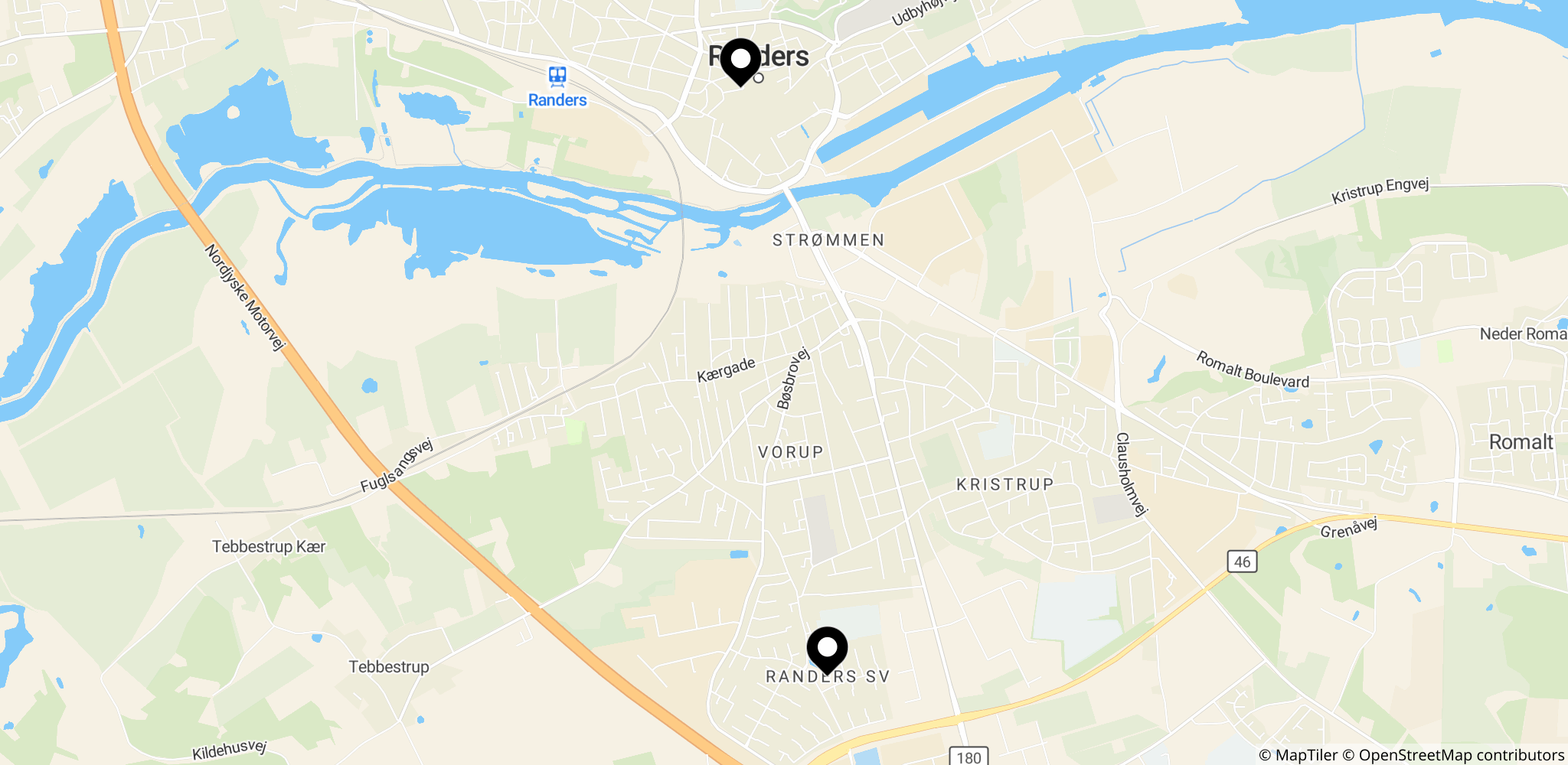 Kort der viser Retten i Randers i Randers by samt Randers SV-området i forbindelse med sagen