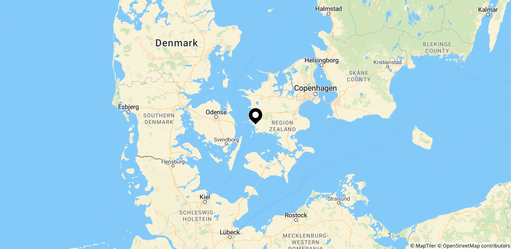 Området omkring Korsør Landevej vest for Boeslunde, hvor vejen blev spærret på grund af færdselsuheldet