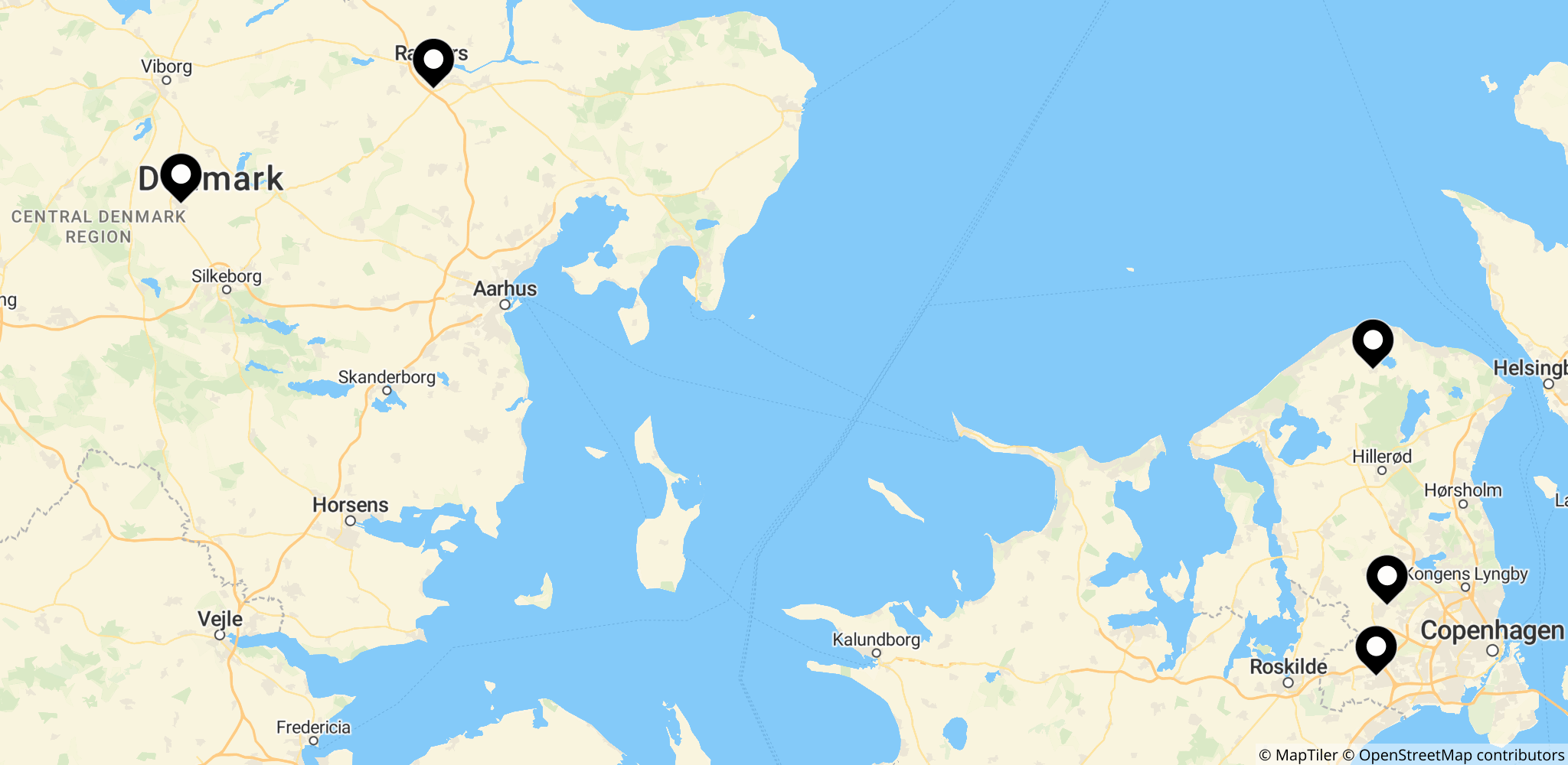 De fem byer i Danmark hvor fakturafabrikkerne havde adresser: Måløv, Randers, Kjellerup, Taastrup og Græsted.