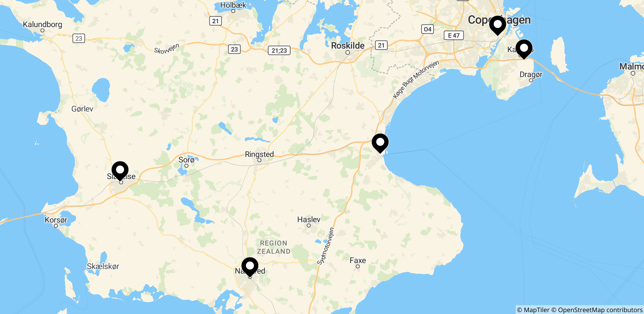 Berørte stationer i Sjælland under DSBs midlertidige køreplan fra 22. juni til 30. juni