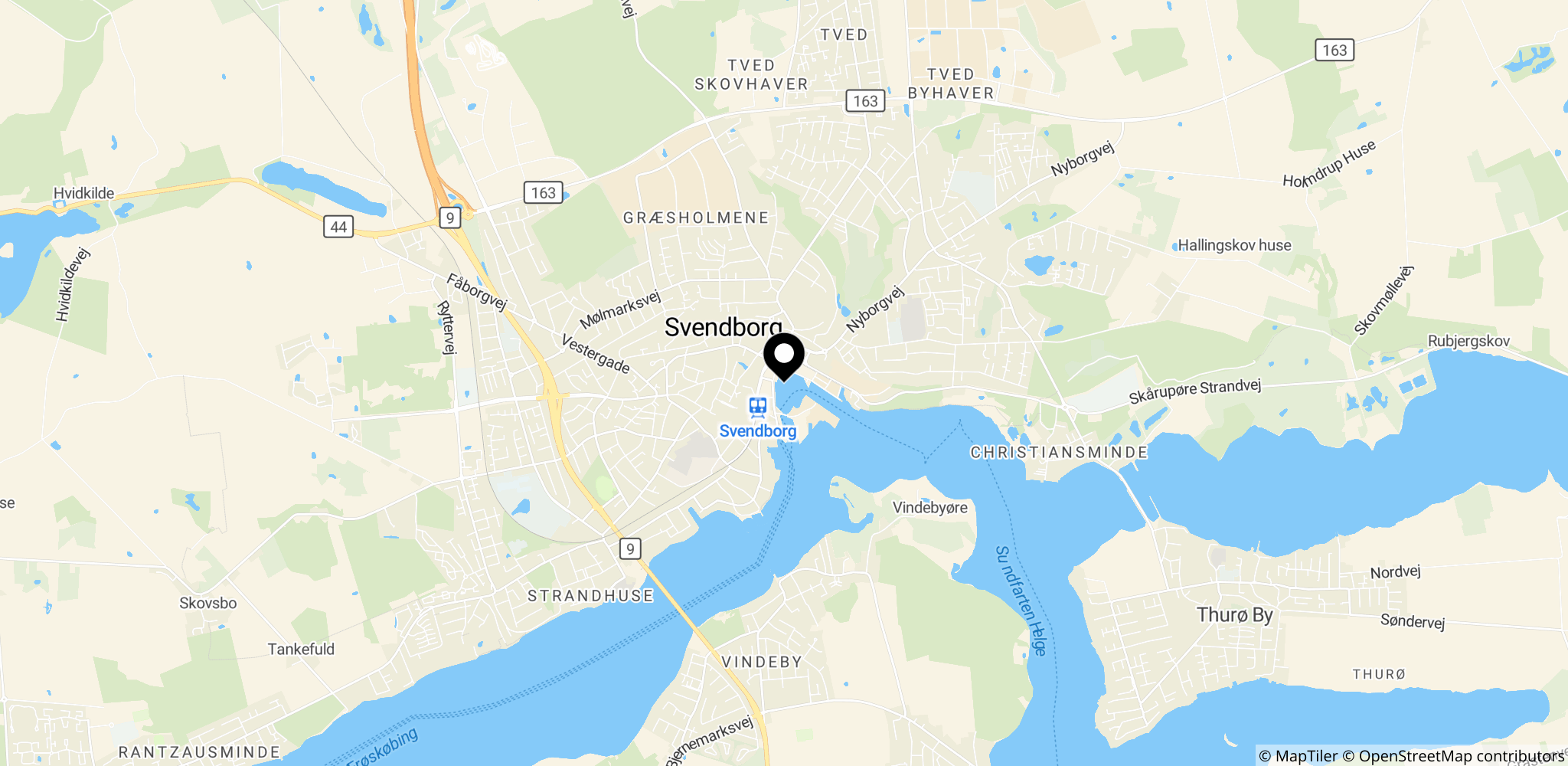 Området omkring Svendborgs havn, hvor paddleboard-ulykken fandt sted