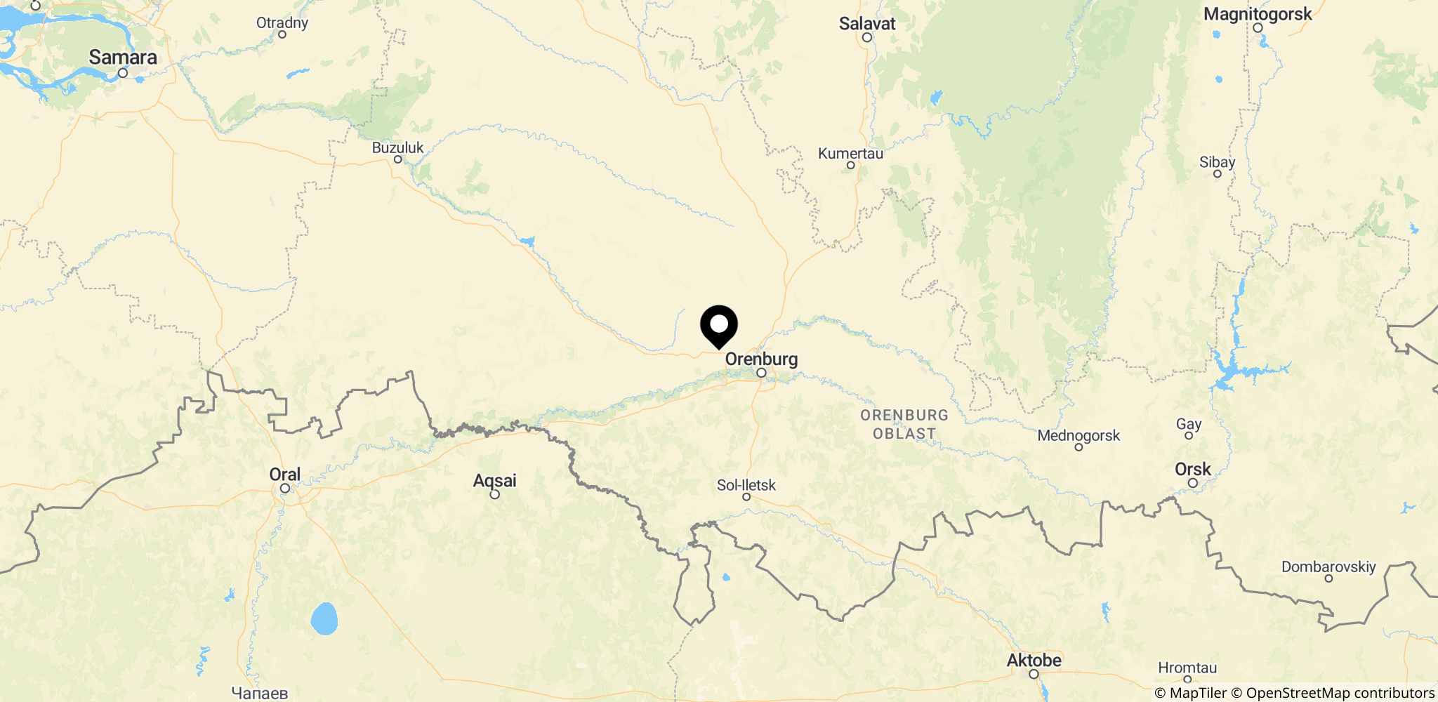 Placering af gasbehandlingsanlægget i Orenburg, Rusland