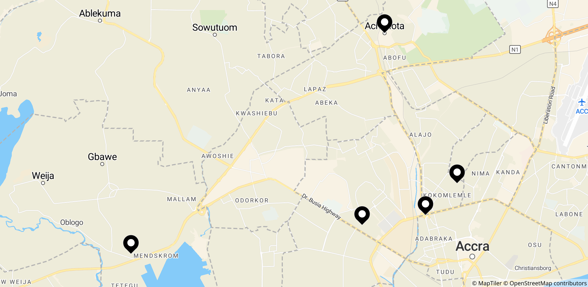 Områder i Accra, der blev ramt af oversvømmelserne, herunder Kaneshie, Mallam, Weija, Achimota og Kwame Nkrumah Interchange