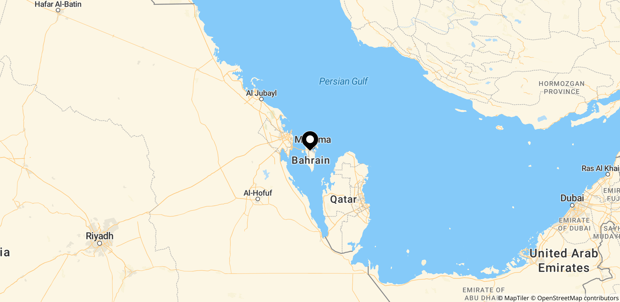 Området i Golfen omkring Bahrain, hvor angrebene rettede mod Bahrain fandt sted