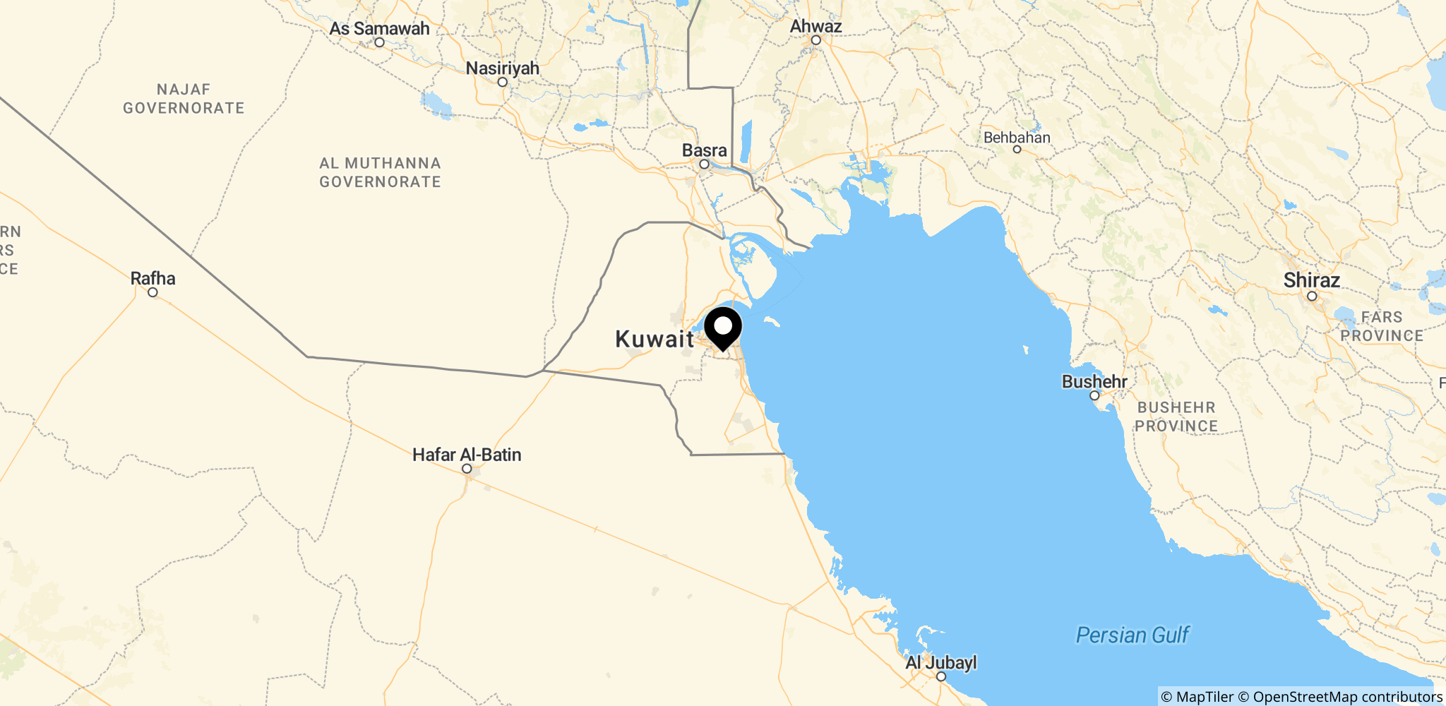 Kuwait International Airport og området omkring Kuwait, som angiveligt blev ramt af droner i forbindelse med angrebene