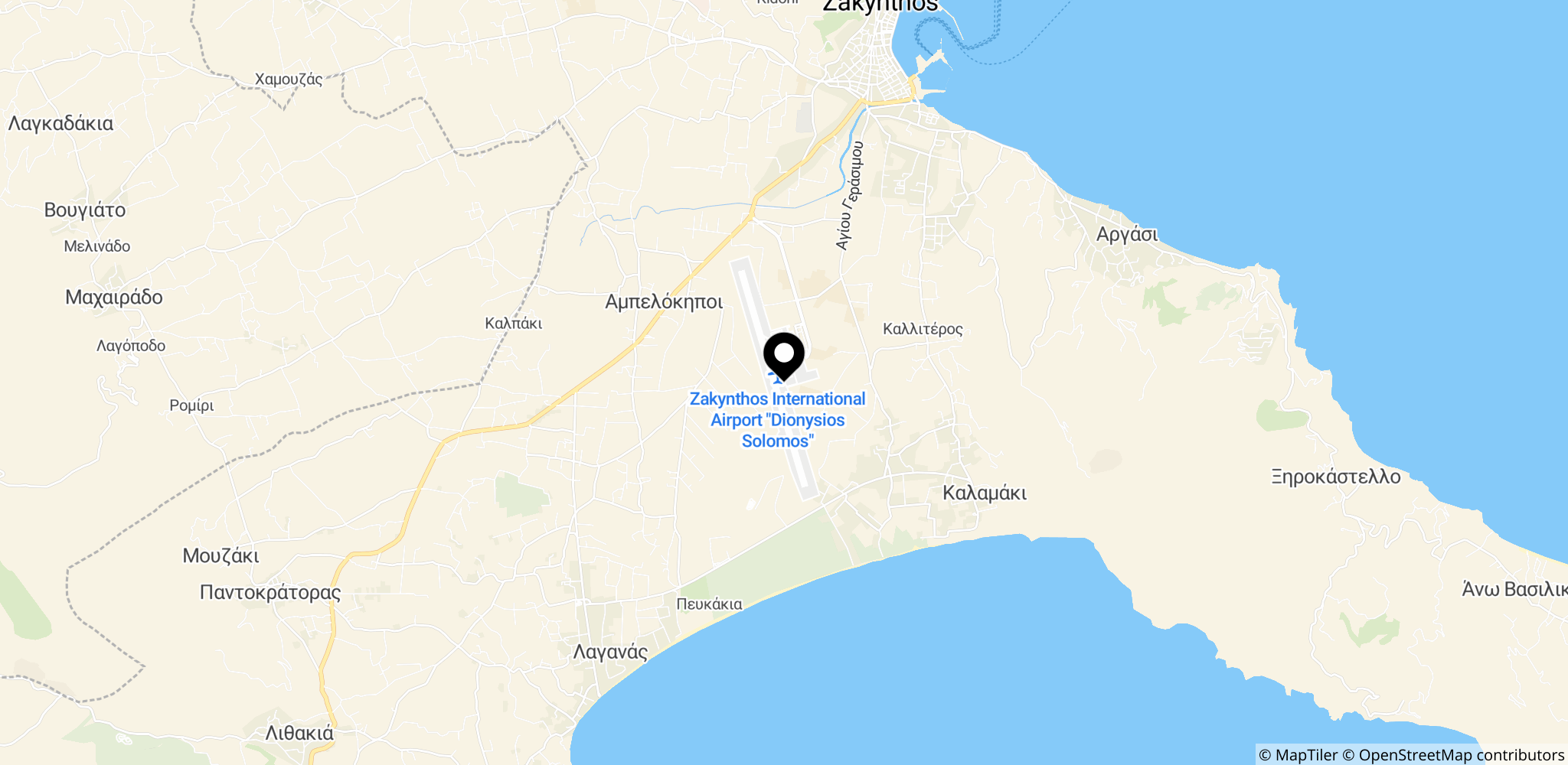 Zakynthos lufthavn (Dionysios Solomos) på øen Zakynthos, hvor landingsbanen blev lukket efter F-16-nødlandingen